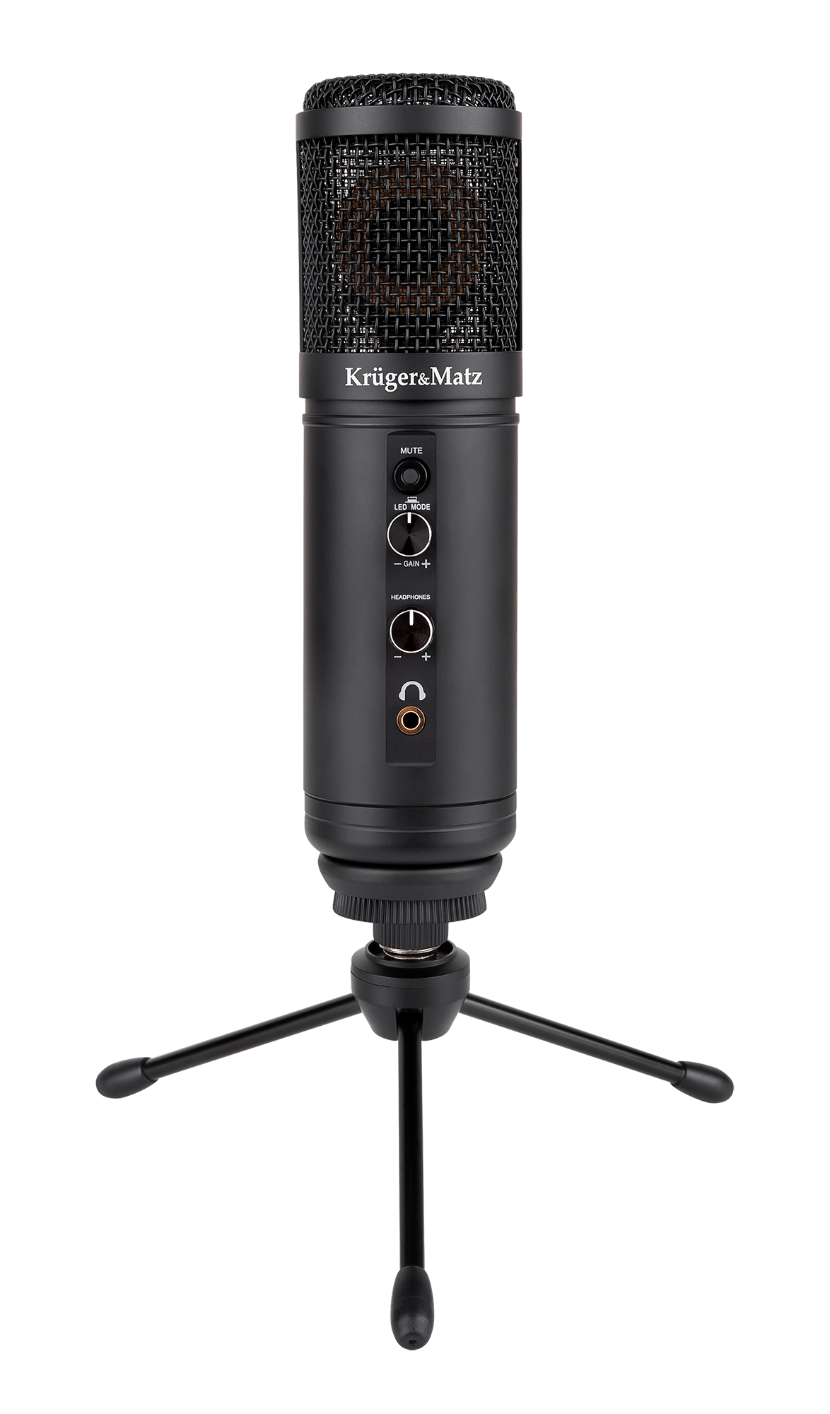 Czarny mikrofon Krüger & Matz na czarnym statywie. Ma siatkową górę i przyciski sterowania. Tło jest szare.