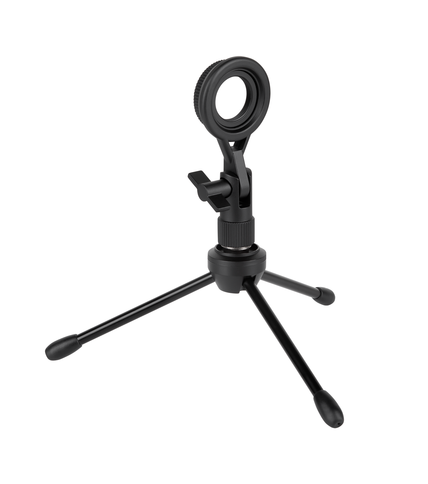 Czarny statyw mikrofonowy z trzema nogami. Posiada okrągły uchwyt na mikrofon i śrubę do regulacji wysokości.