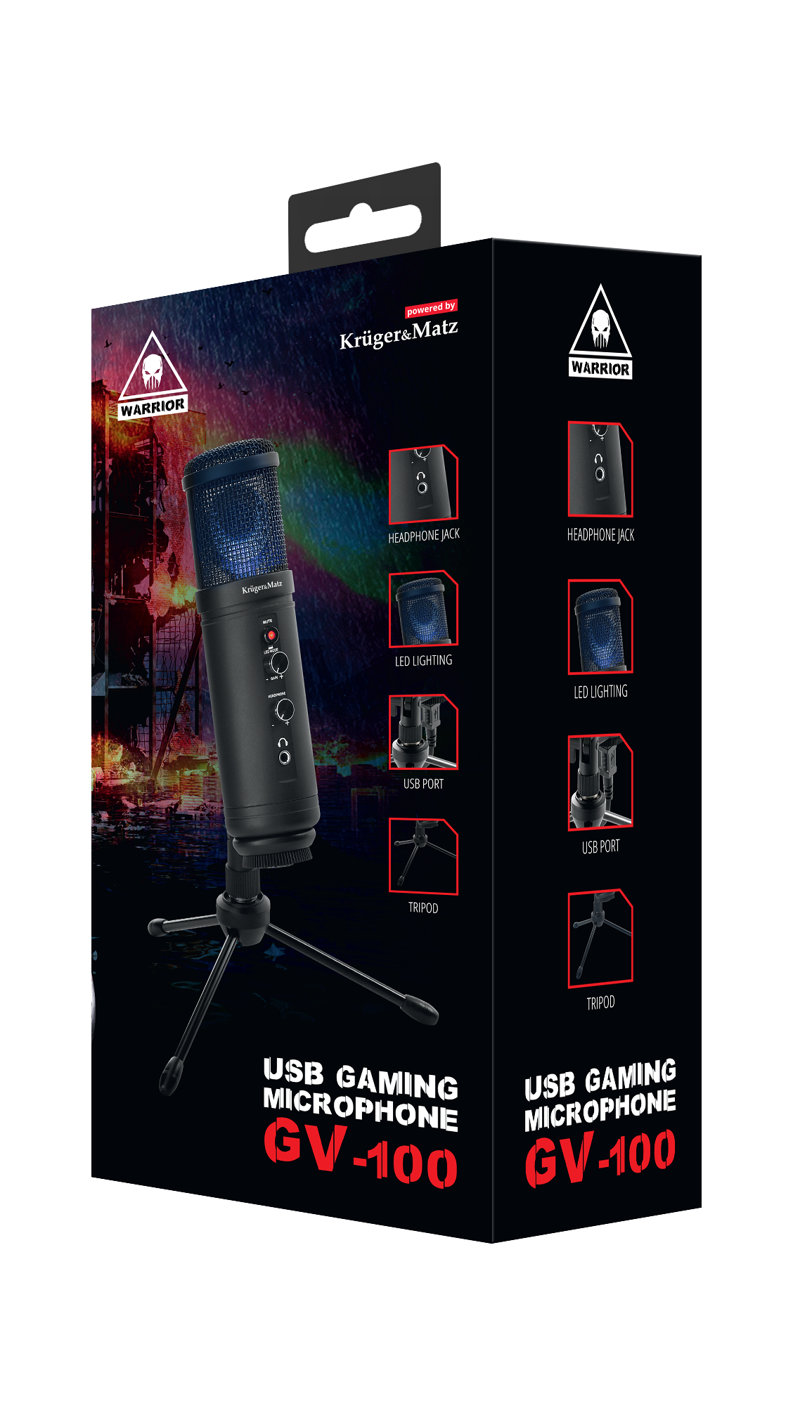 Czarny mikrofon do gier USB na statywie, z etykietami dla gniazda słuchawkowego, oświetlenia LED i portu USB. Tekst: GV-100 i logo WARRIOR.
