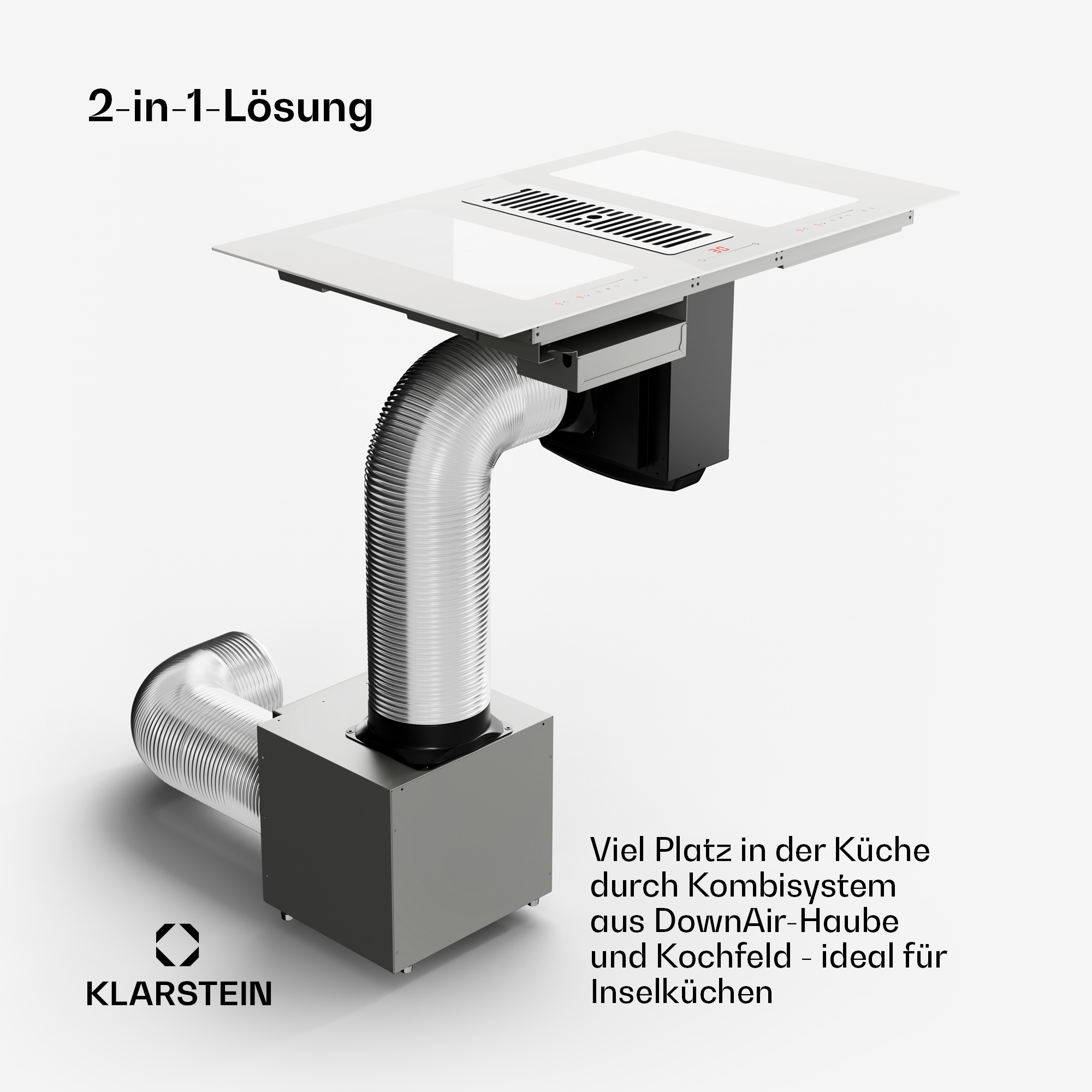 Un elettrodomestico da cucina bianco con sfiato, tubo argentato e base grigia. Testo: Soluzione 2 in 1, Klarstein.
