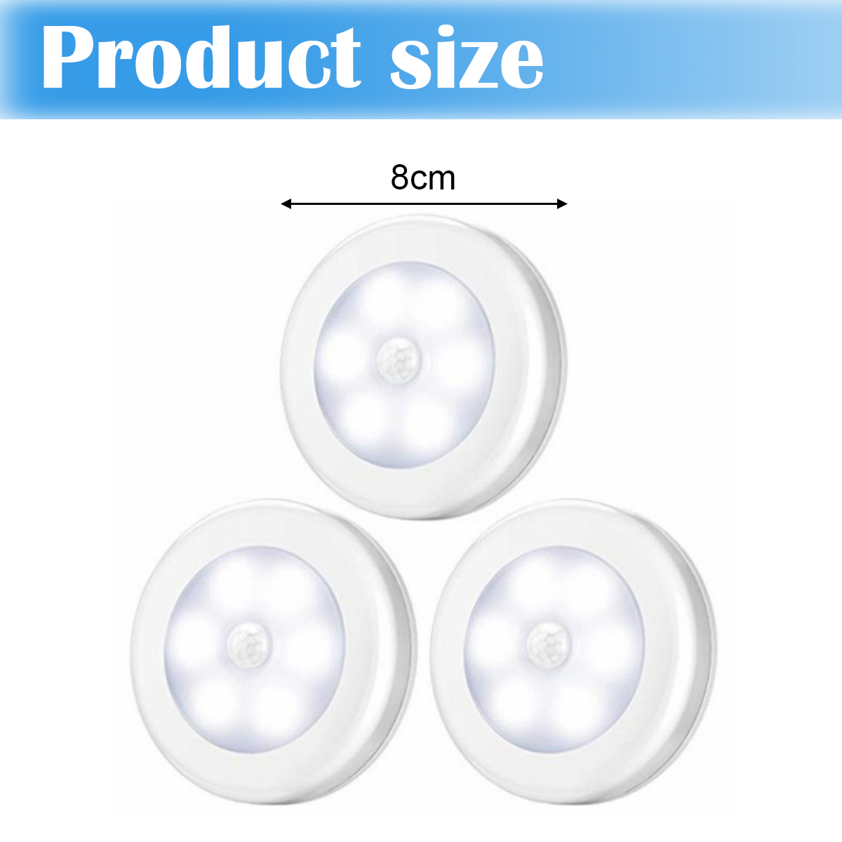 Drei weiße, runde LED-Leuchten werden gezeigt. Jede hat einen zentralen Sensor und hat einen Durchmesser von 8 cm, gemäß der oberen Beschriftung.