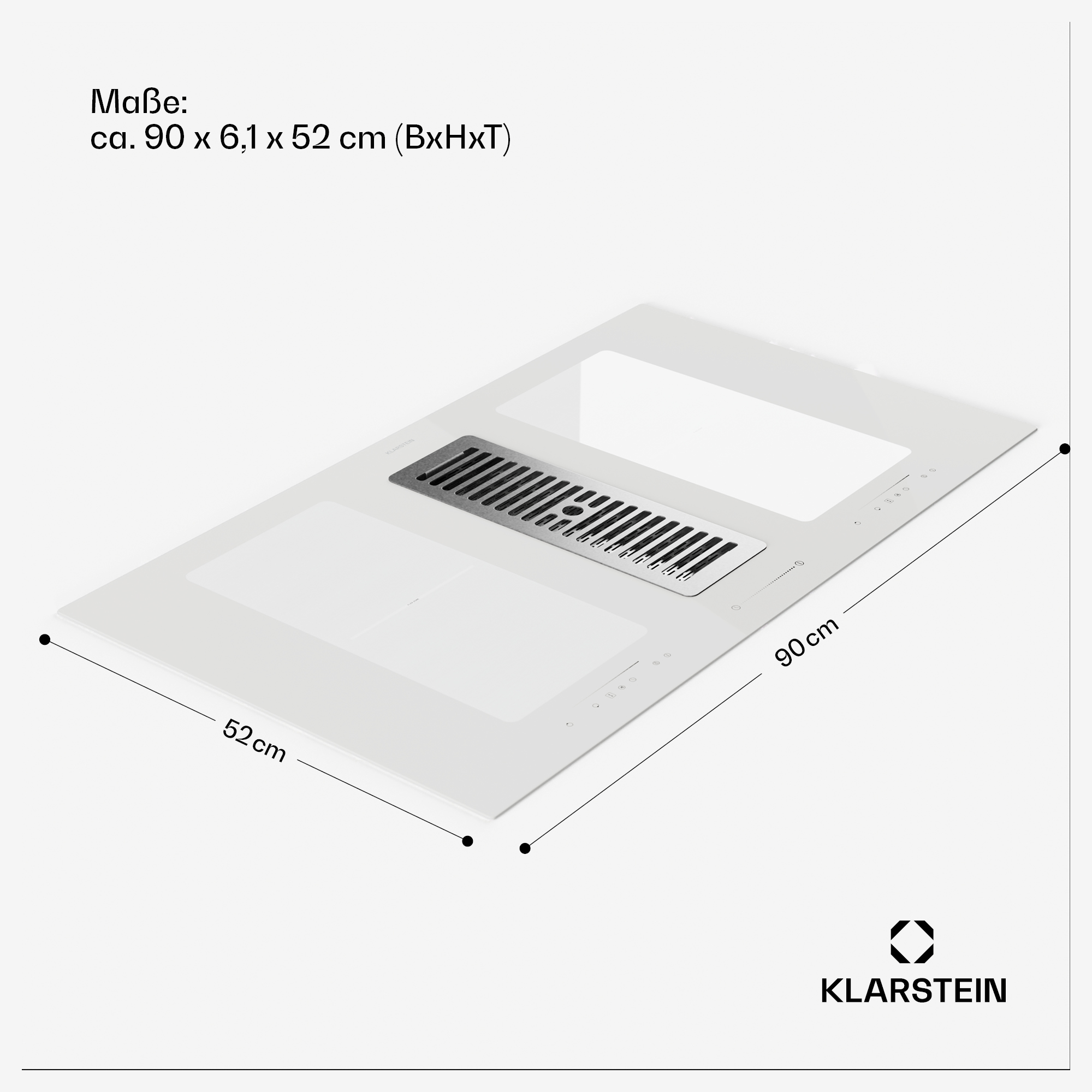 Un piano cottura Klarstein bianco con dimensioni. Ha uno sfiato e un pannello di controllo. Dettagli testo dimensioni.