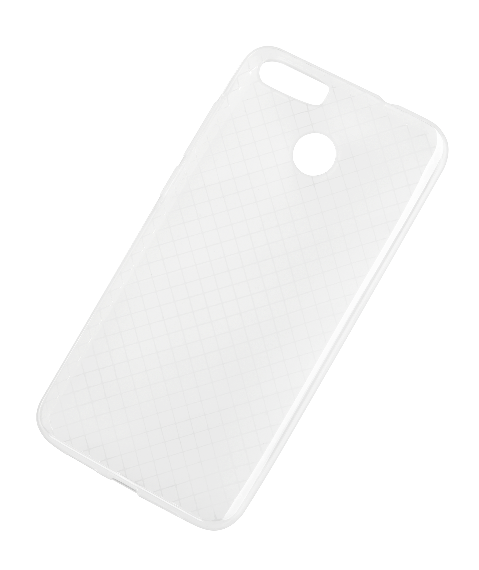 Przezroczyste etui na telefon z wzorem kratki, lekko nachylone, na białym tle.