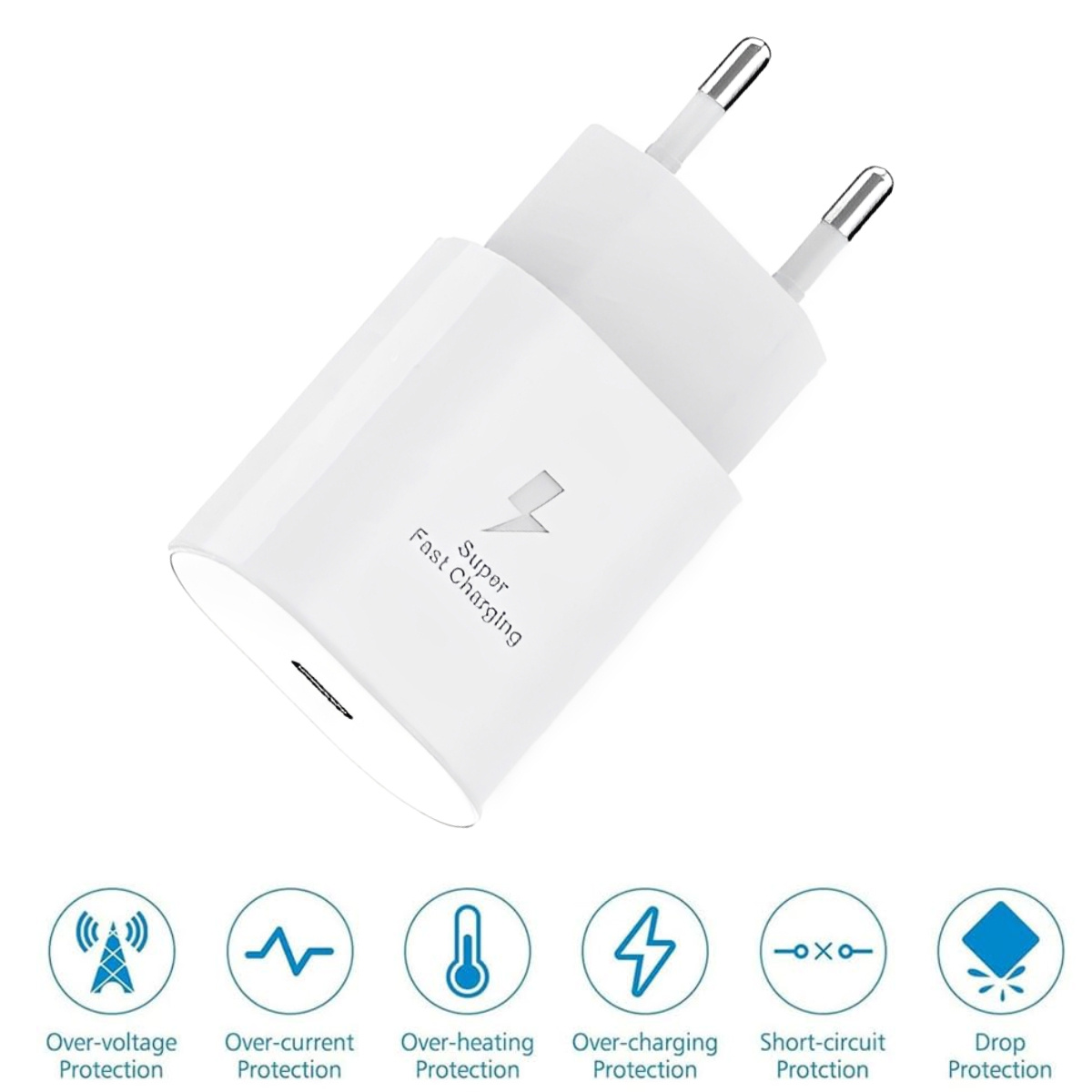 Weißes Telefonladegerät mit Steckerstiften. Es trägt die Aufschrift 'Super Fast Charging' und Symbole für Schutzfunktionen.