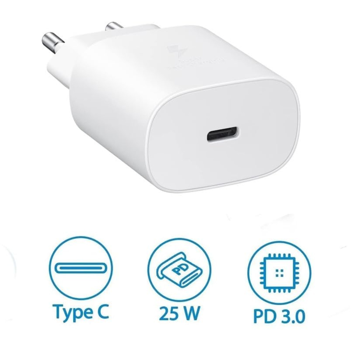 Weißes Samsung USB-C-Ladegerät mit zwei Stiften. Zu den Merkmalen gehören Symbole für Typ C, 25 W und PD 3.0.