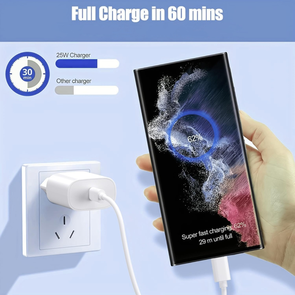 Ein Telefon wird geladen. Der Bildschirm zeigt 62 % geladen an, mit einem Ladegerät, das an das Telefon und eine Steckdose angeschlossen ist.