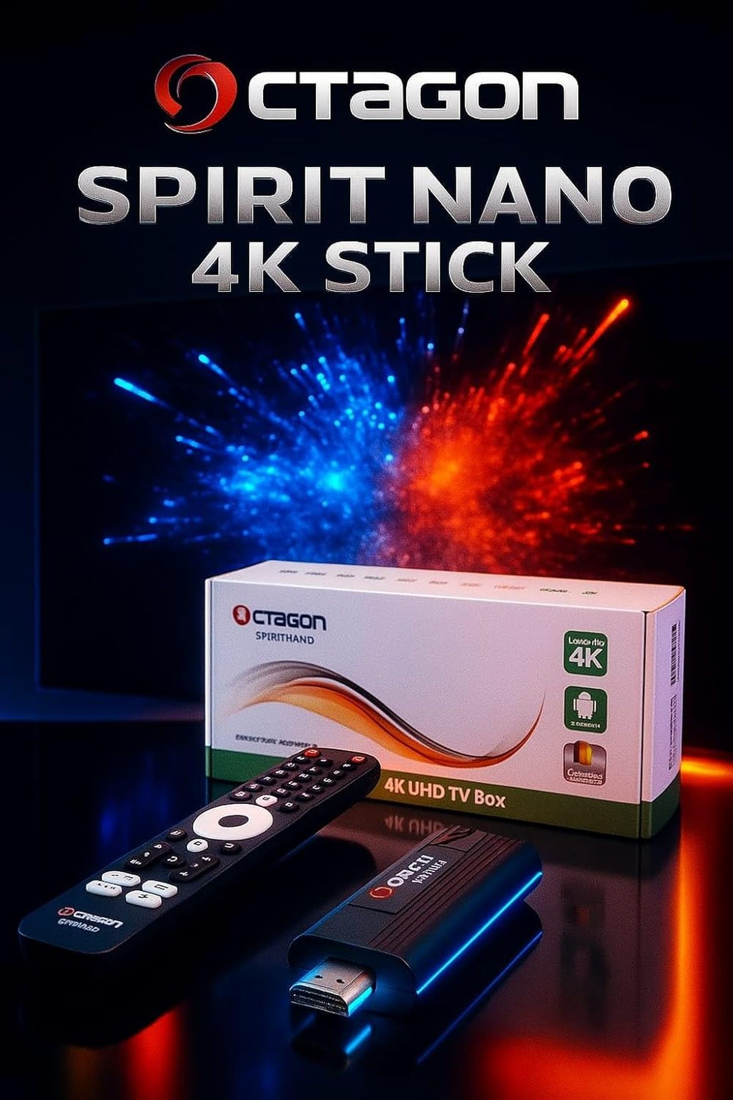 Produktaufnahme von Octagon Spirit Nano 4K Stick, Fernbedienung und Box. Hintergrund mit blau-rotem Lichtausbruch. Das Produkt befindet sich auf reflektierender Oberfläche.