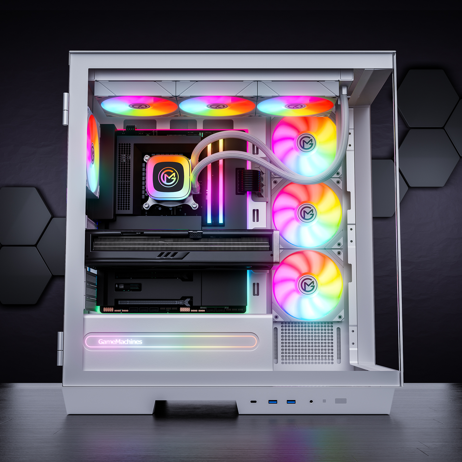 Weißes PC-Gehäuse mit bunten LED-Lüftern. Komponenten im Inneren sichtbar: GPU, CPU-Kühler und Motherboard. 'GameMachines'-Logo vorn.