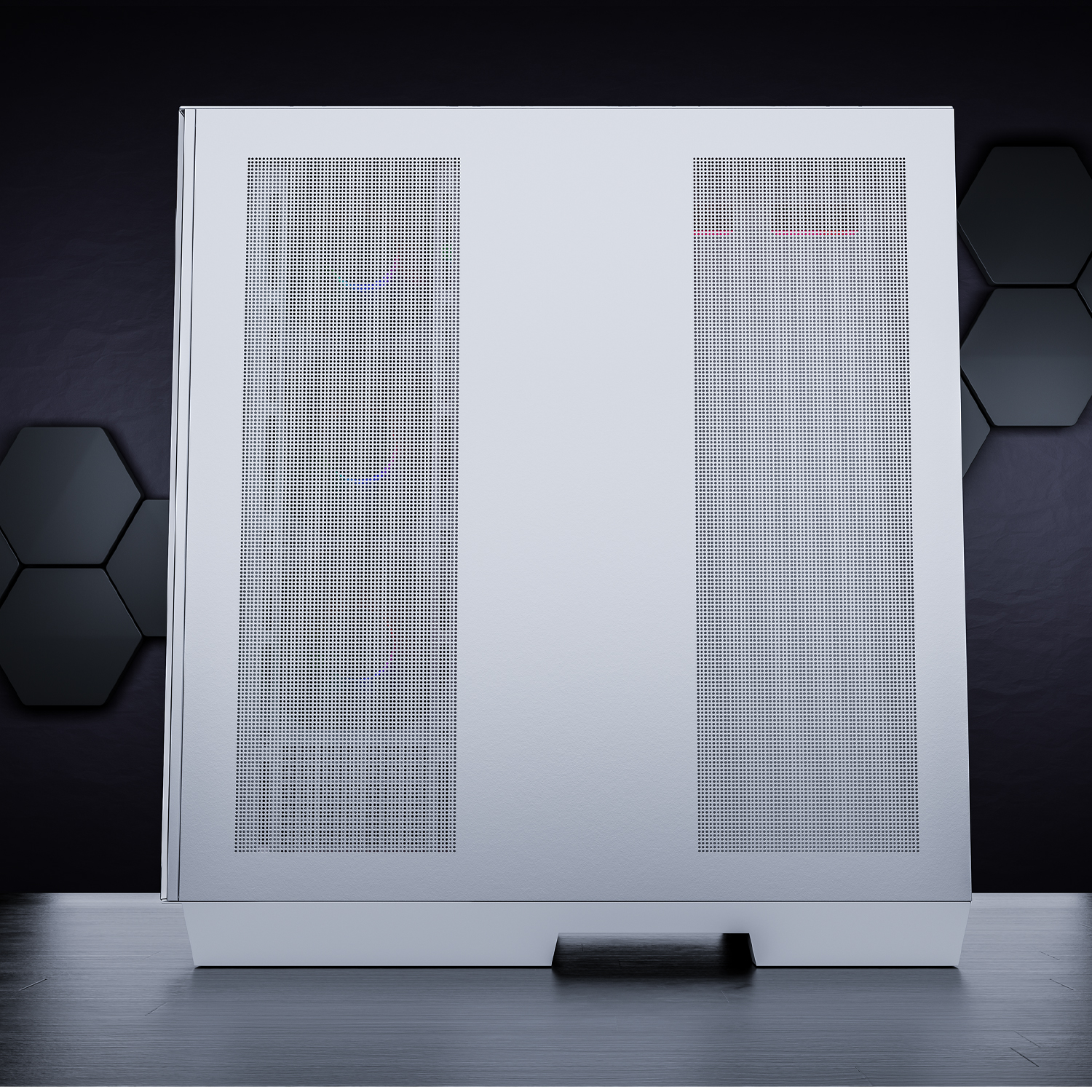 Ein weißes Computergehäuse mit perforierten Frontplatten. Der Hintergrund hat schwarze sechseckige Formen und eine schwarze strukturierte Wand.