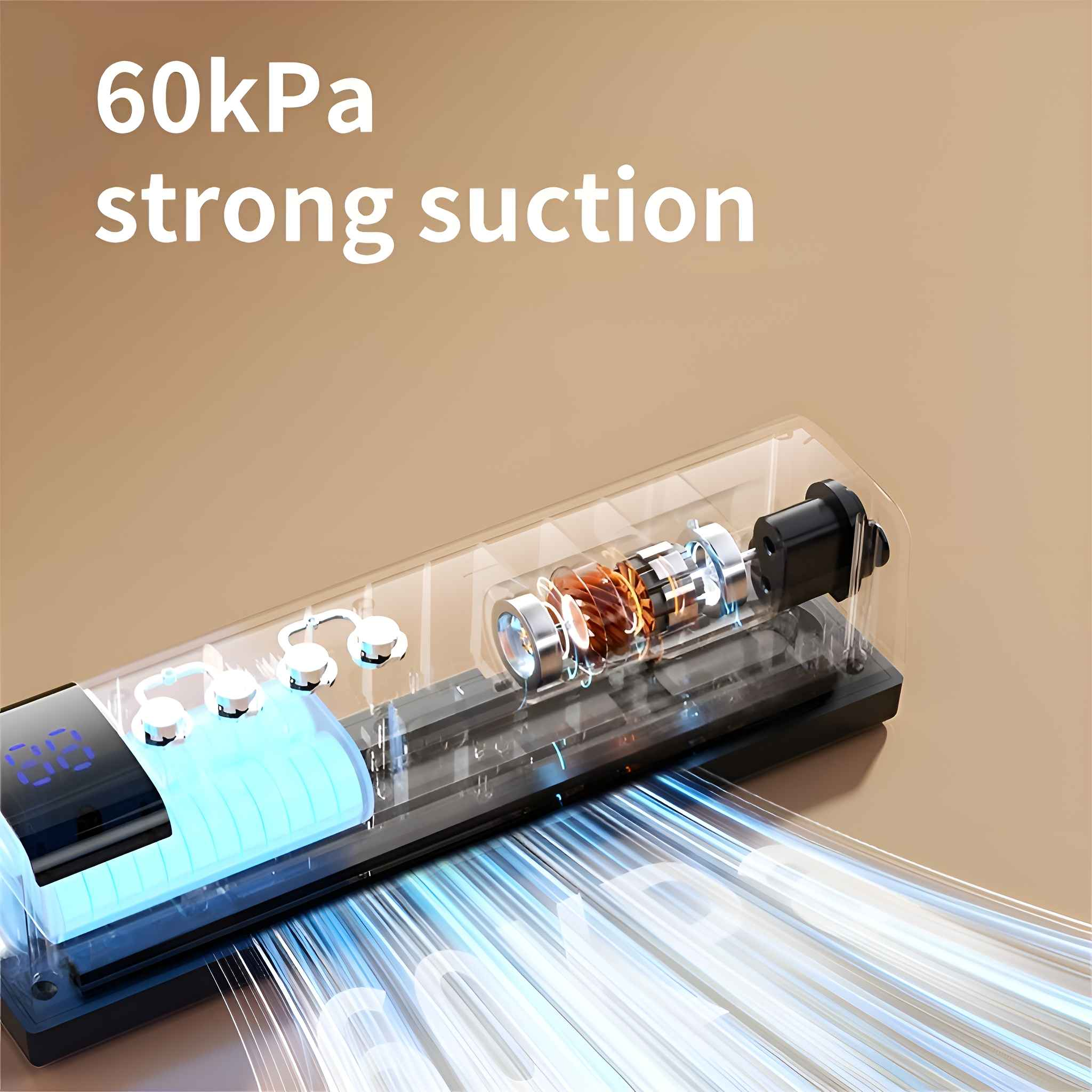 Das Innere eines transparenten Geräts zeigt einen Motor. Text lautet 60 kPa starke Saugkraft. Der Hintergrund ist beige.