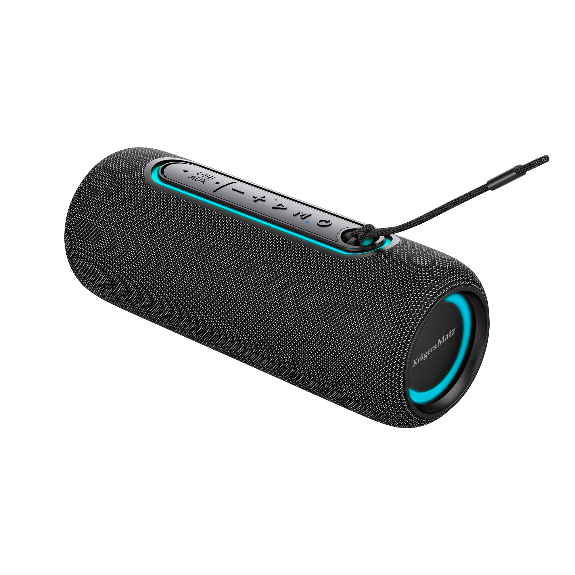 Czarny głośnik cylindryczny z niebieskimi akcentami. Posiada przyciski, pasek do noszenia i logo Krüger&Matz. Na białym tle.