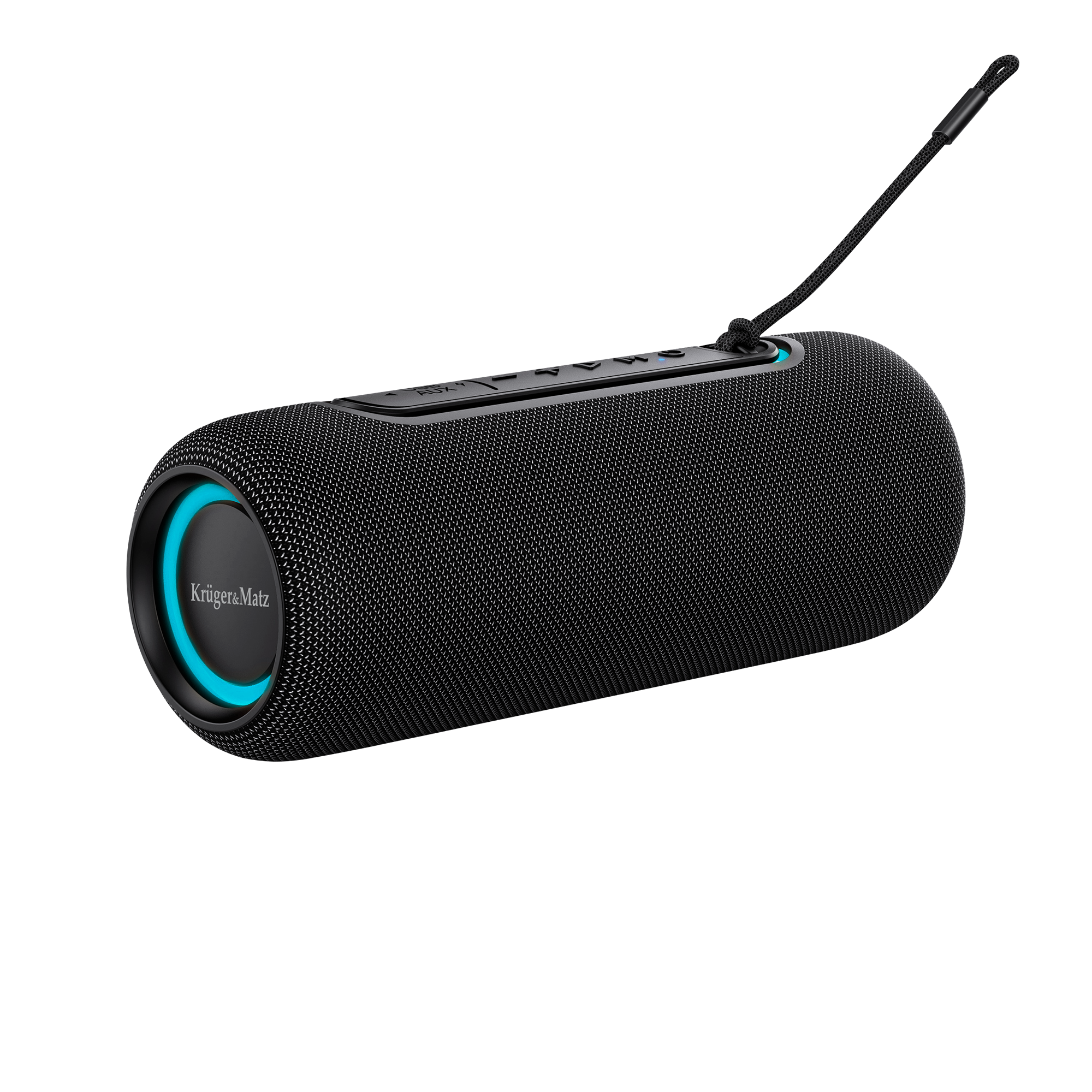Czarny głośnik cylindryczny z niebieskimi akcentami świetlnymi. Posiada pasek do przenoszenia. Marka to Krüger&Matz.