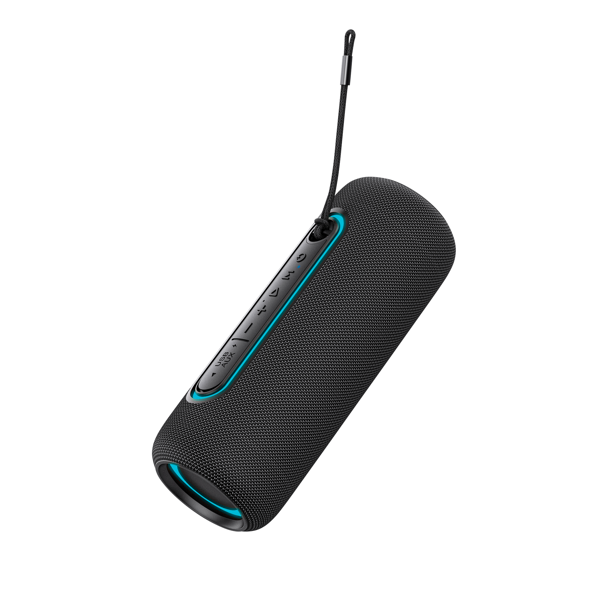 Czarny głośnik cylindryczny z niebieskimi akcentami. Posiada przyciski i pasek do noszenia. Tło jest białe.