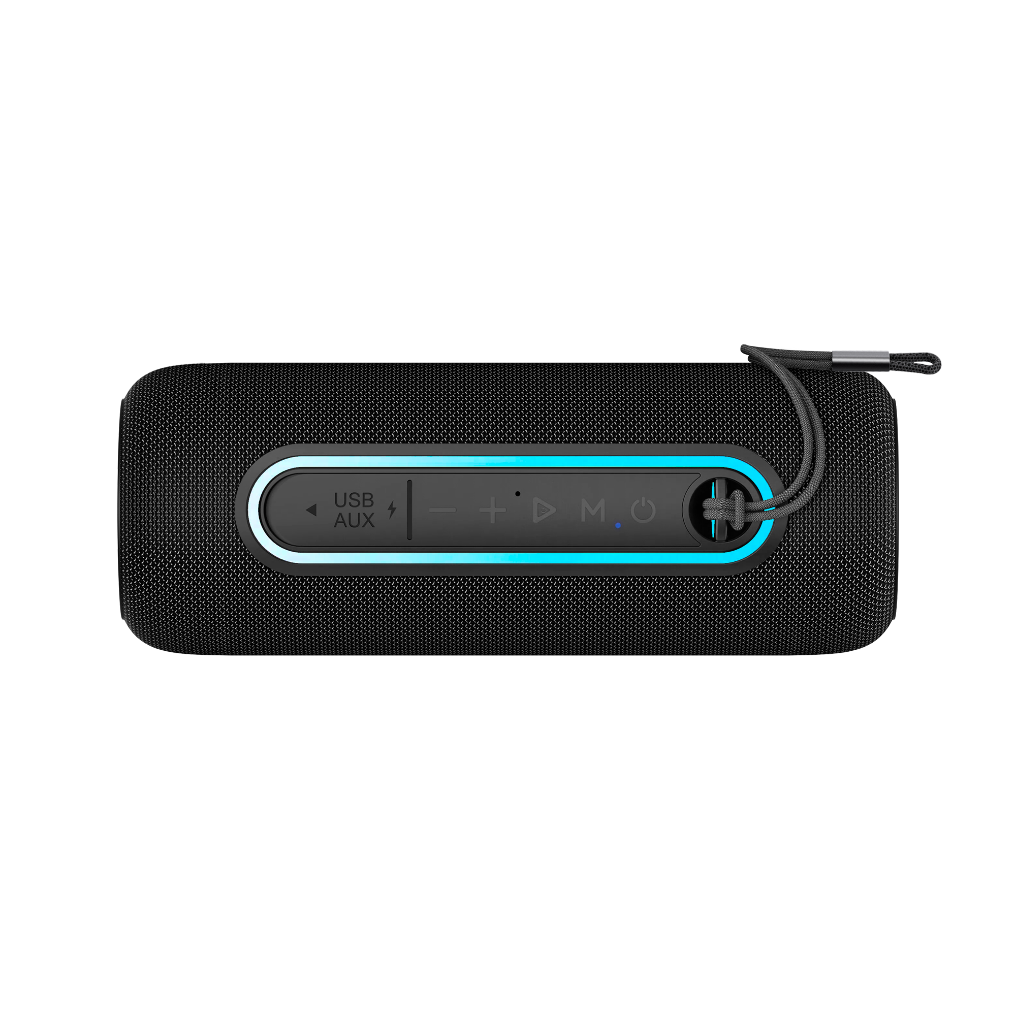 Czarny głośnik przenośny z przyciskami sterowania i smyczą. Głośnik ma siatkową konstrukcję z niebieskimi akcentami świetlnymi.