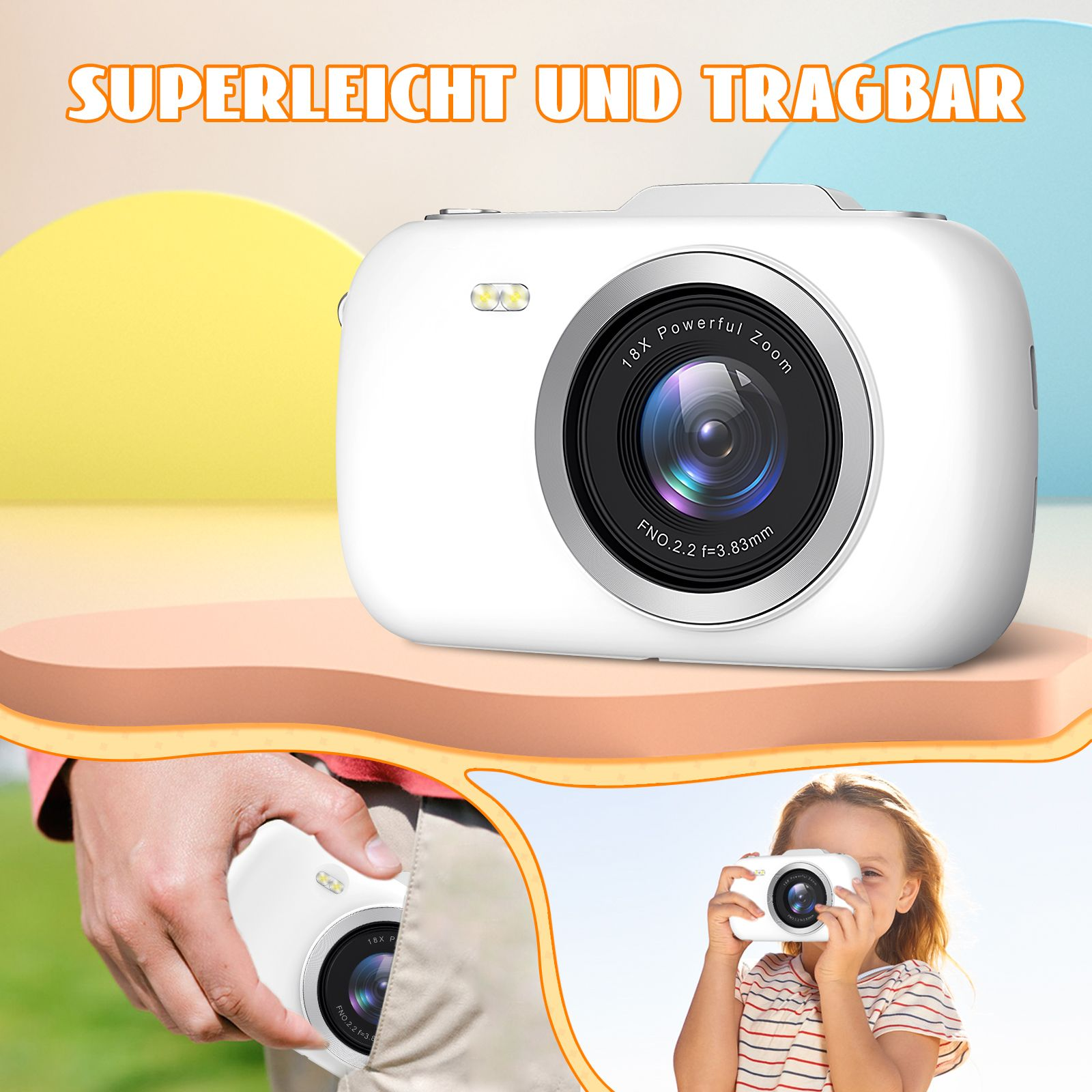 Weiße Kamera mit Zoomobjektiv. Text: SUPERLEICHT UND TRAGBAR. Zeigt Kamera in Tasche und von einem Mädchen gehalten.