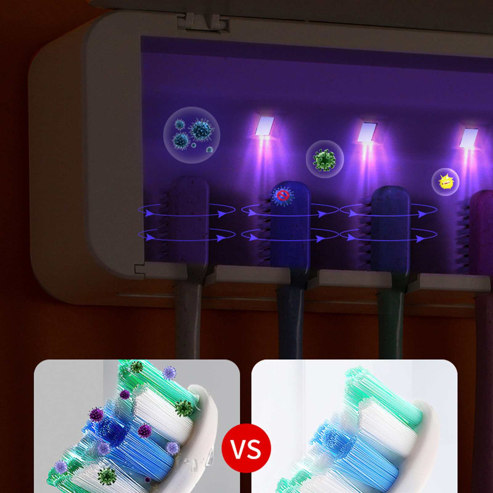 Zahnbürstenhalter mit UV-Licht-Desinfektion, Vergleich von sauberen vs. schmutzigen Zahnbürstenköpfen mit Vs-Symbol.