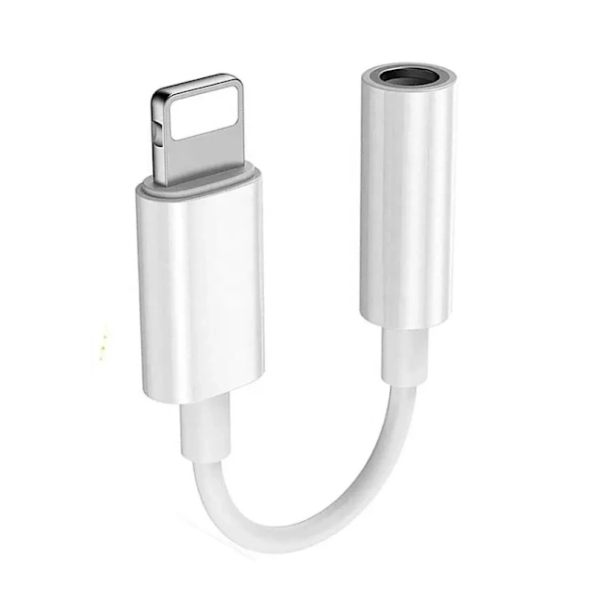 Weißer iPhone-Lightning-auf-3,5-mm-Kopfhöreradapter. Er hat einen Lightning-Anschluss und eine 3,5-mm-Audiobuchse, die durch ein kurzes weißes Kabel verbunden sind.