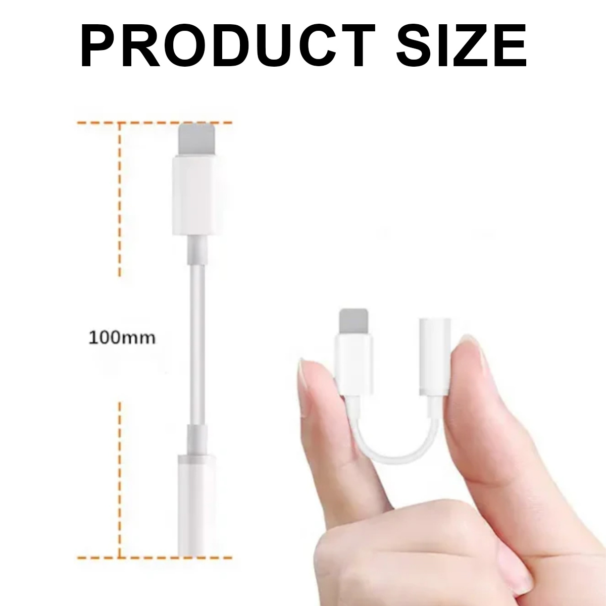 Das Bild zeigt einen weißen Adapter mit einer 100-mm-Messung. Ein Ende in der Hand. Text Produktgröße.