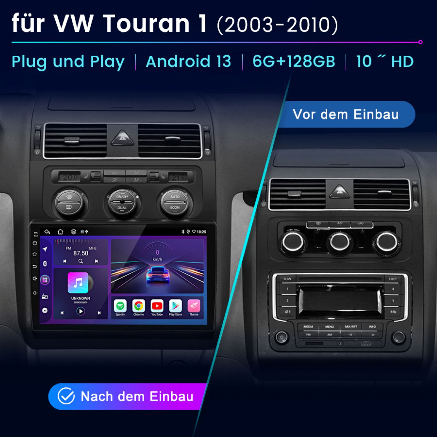 Vergleich des Armaturenbretts: original vs. Android-Bildschirm. Zeigt Radio, Klimaanlage und Autodaten. Der Android-Bildschirm zeigt Apps.