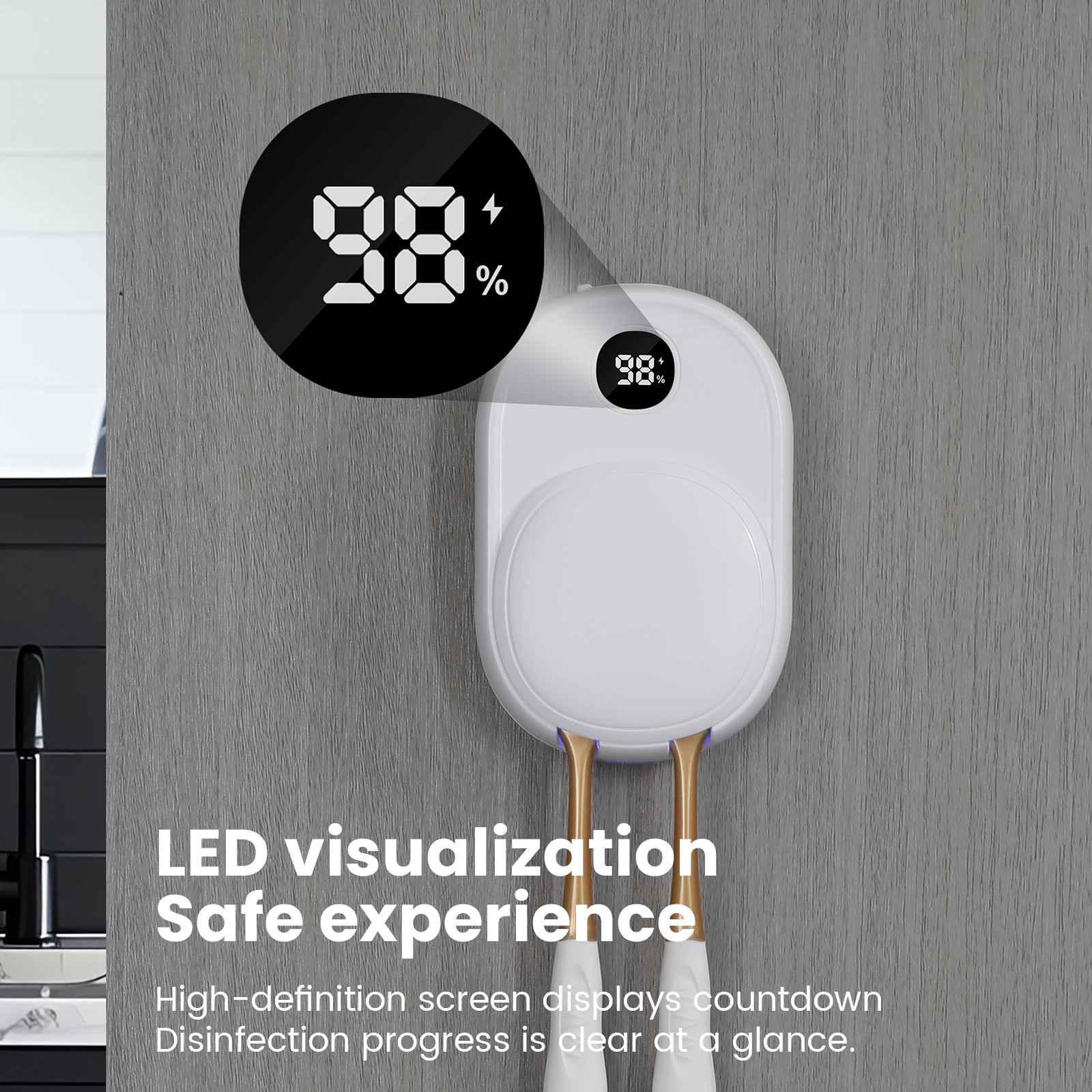 Ein weißer Zahnbürstensterilisator mit 98 % auf einem Bildschirm. Zwei Zahnbürsten hängen unten. Text: 'LED-Visualisierung'.