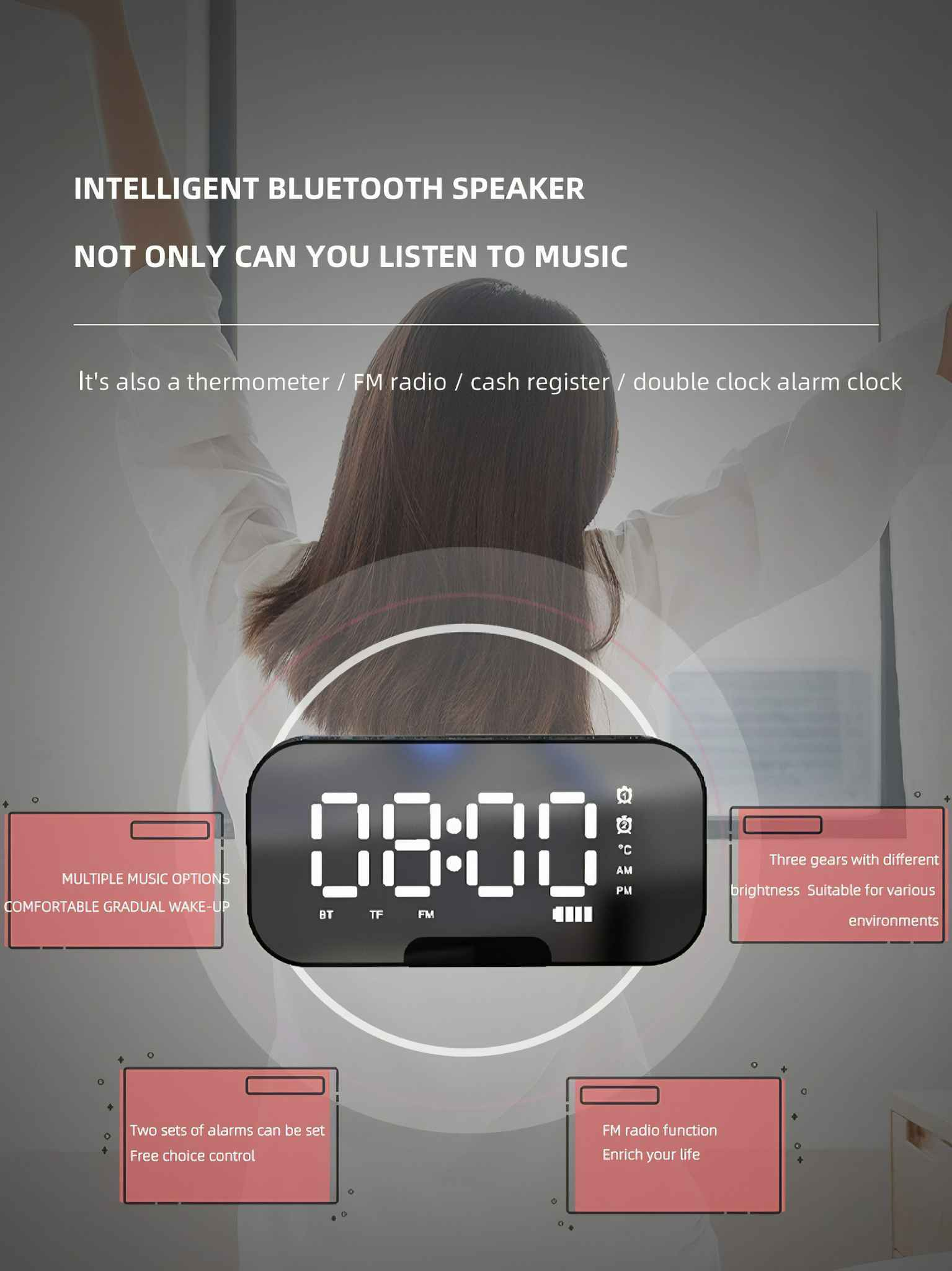 Eine Digitaluhr zeigt 08:00 Uhr an. Es ist ein intelligenter Bluetooth-Lautsprecher mit zusätzlichen Funktionen wie Thermometer und UKW-Radio.