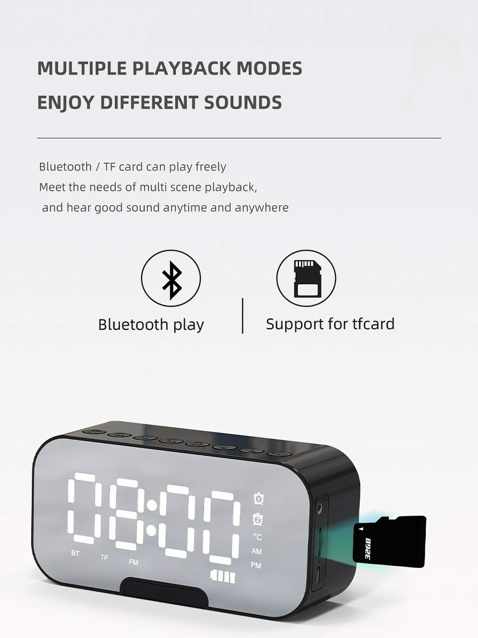 Schwarzer digitaler Wecker mit der Anzeige 08:00 und einer TF-Karte. Bluetooth- und TF-Karten-Wiedergabeoptionen.