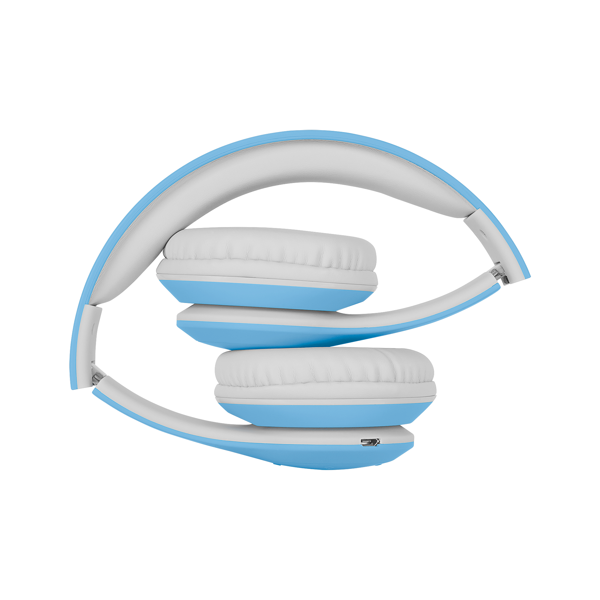 Złożone niebiesko-białe słuchawki, białe nauszniki, niebieskie akcenty, na szarym tle. Widok z góry.