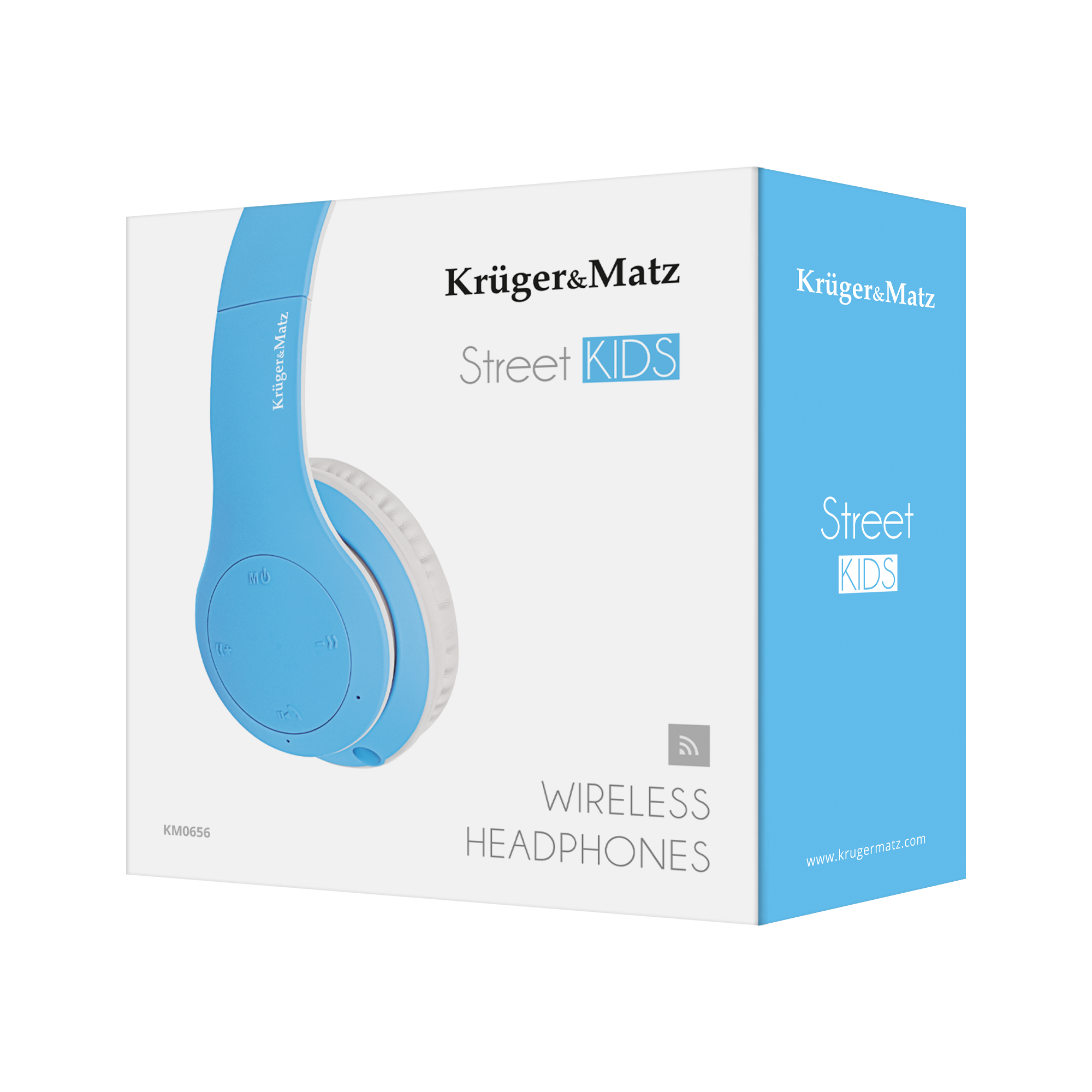 Niebiesko-białe pudełko na słuchawki bezprzewodowe. Ma markę 'Krüger&Matz' i 'Street KIDS'.