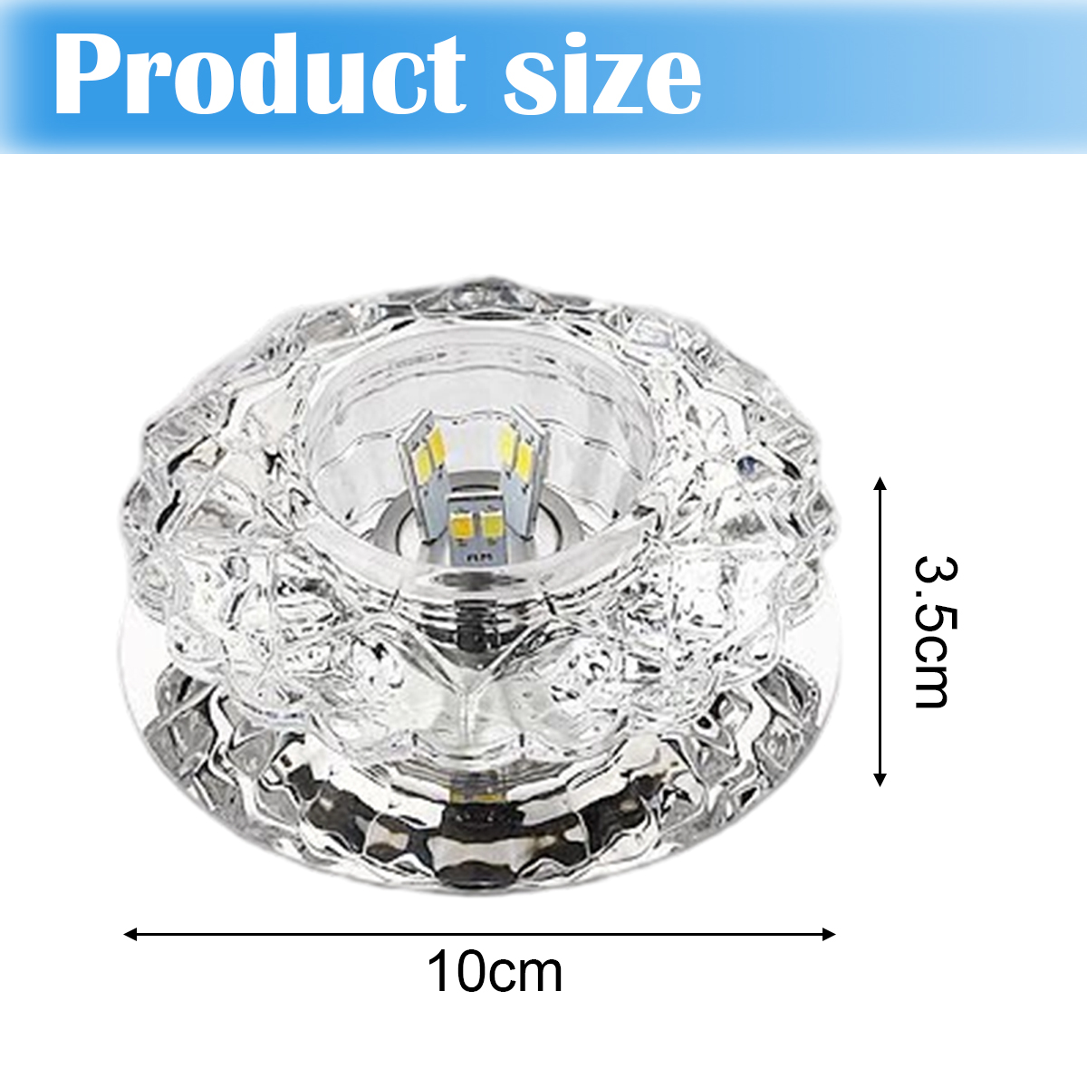 Eine klare, dekorative Leuchte. Sie ist 10 cm breit und 3,5 cm hoch. Die Leuchte hat LED-Leuchten in der Mitte.