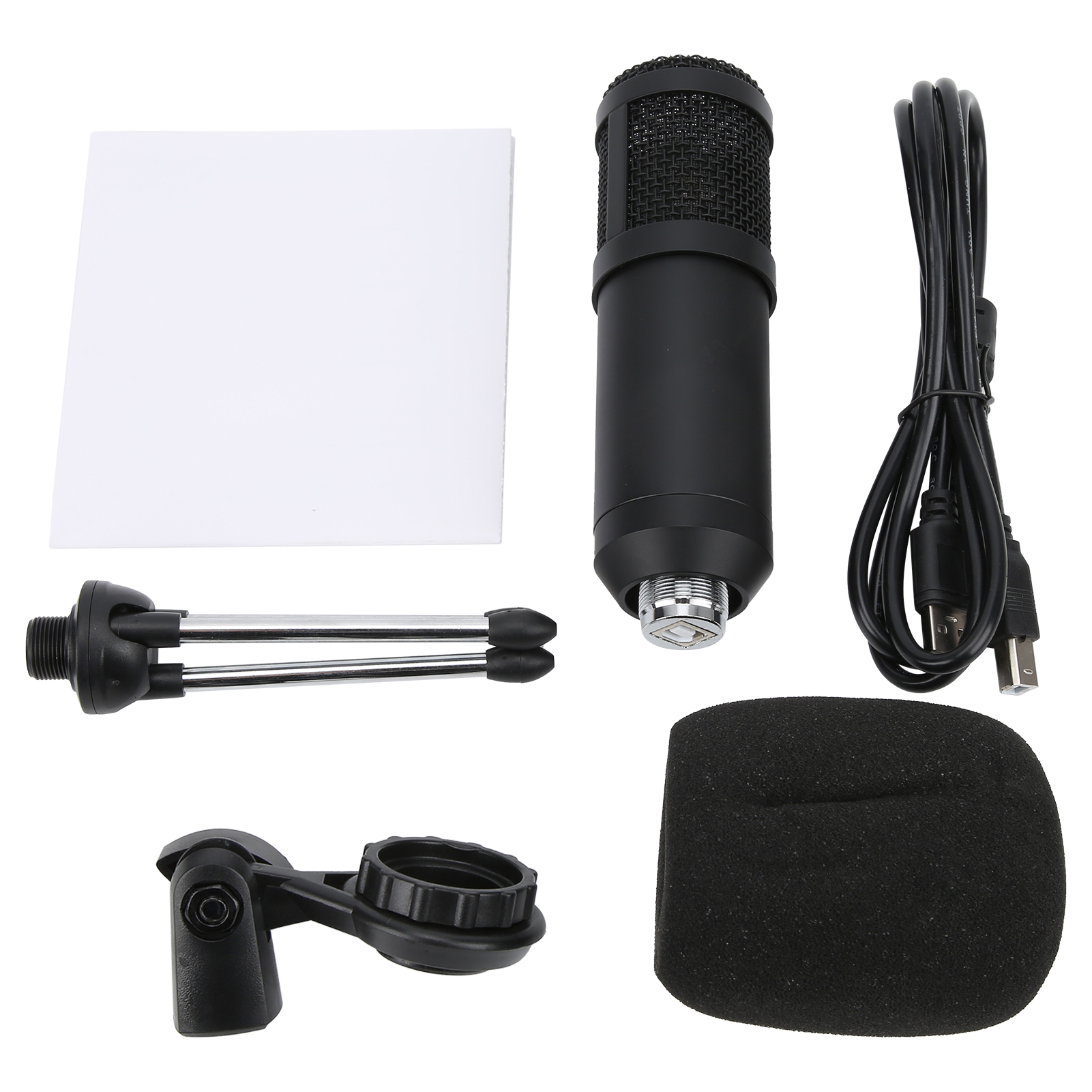 Schwarzes Mikrofon mit Zubehör auf Weiß. Enthält Ständer, Pop-Filter und USB-Kabel. Isoliert auf weißem Hintergrund.