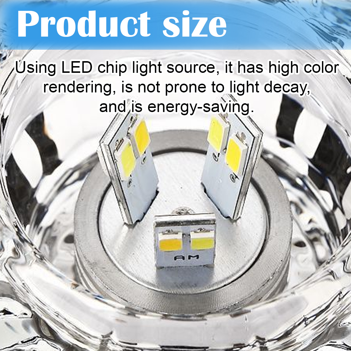 Drei LED-Lichtchips in einer Glasschale. Die Chips sind weiß mit gelben Lichtern. Der Text oben lautet 'Produktgröße'.