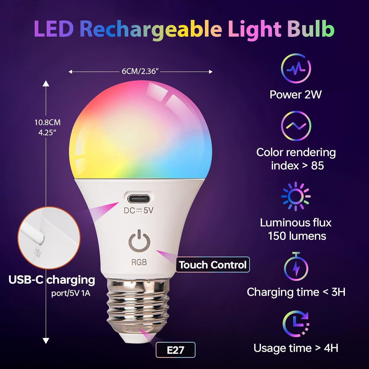 Eine wiederaufladbare LED-Glühbirne mit Regenbogenlicht, 2W Leistung, Touch-Steuerung, USB-C-Laden und E27-Sockel.