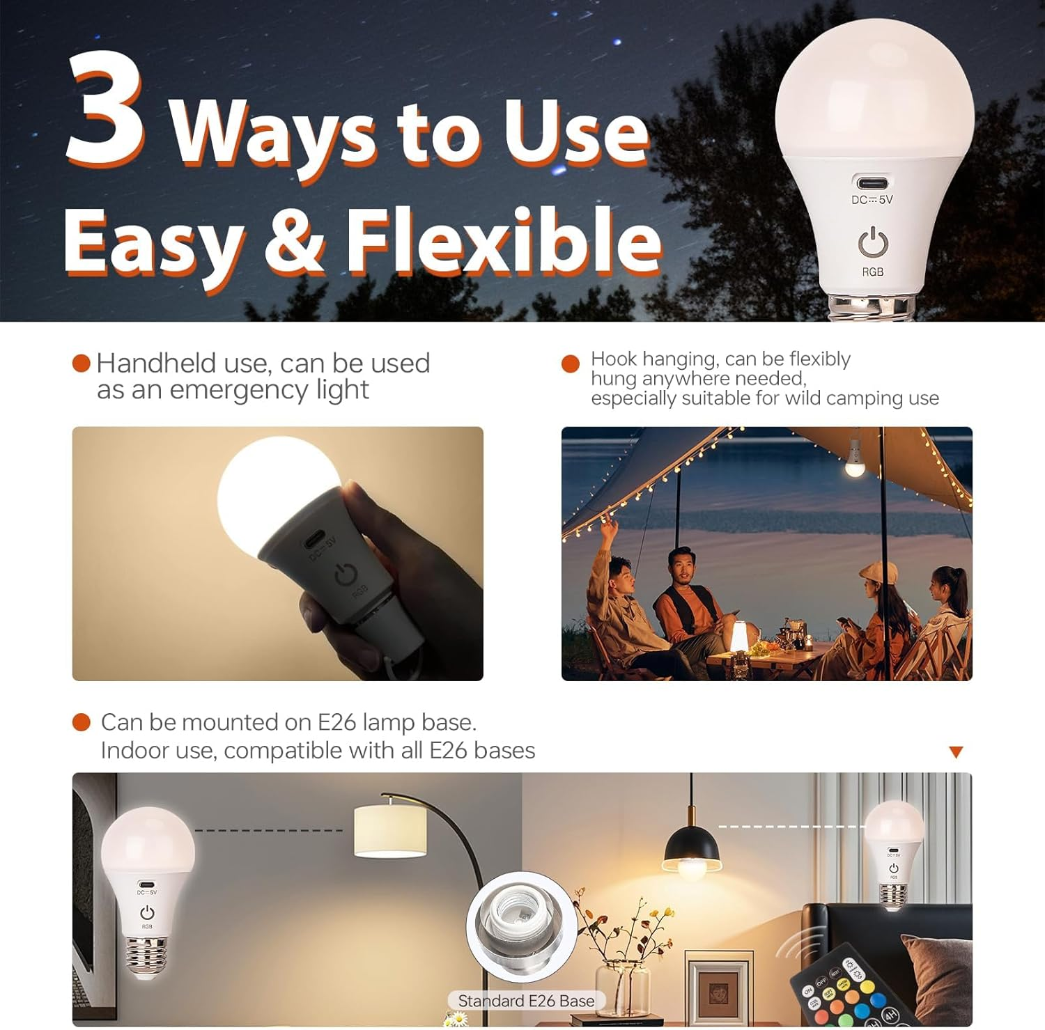 Produktbild einer LED-Glühbirne mit mehreren Verwendungsmöglichkeiten: Handheld, Hängen und Montage an einer E26-Lampenfassung.