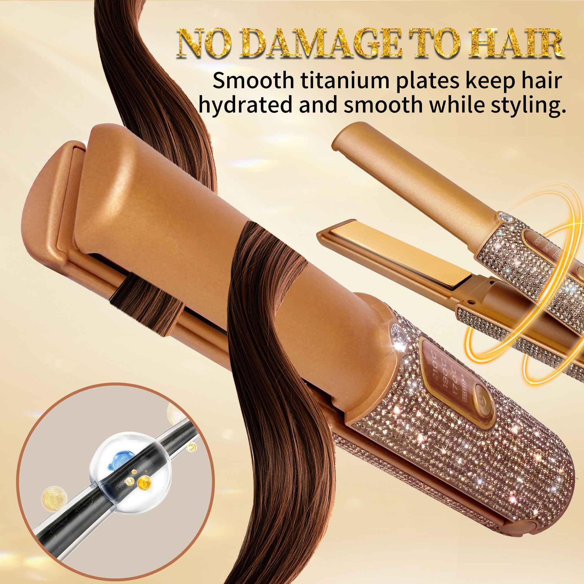 Ein Haarglätter mit braunen Haarsträhnen und Produktdetails. Es hat ein Gold- und Diamantdesign mit dem Text 'Keine Schäden am Haar'.