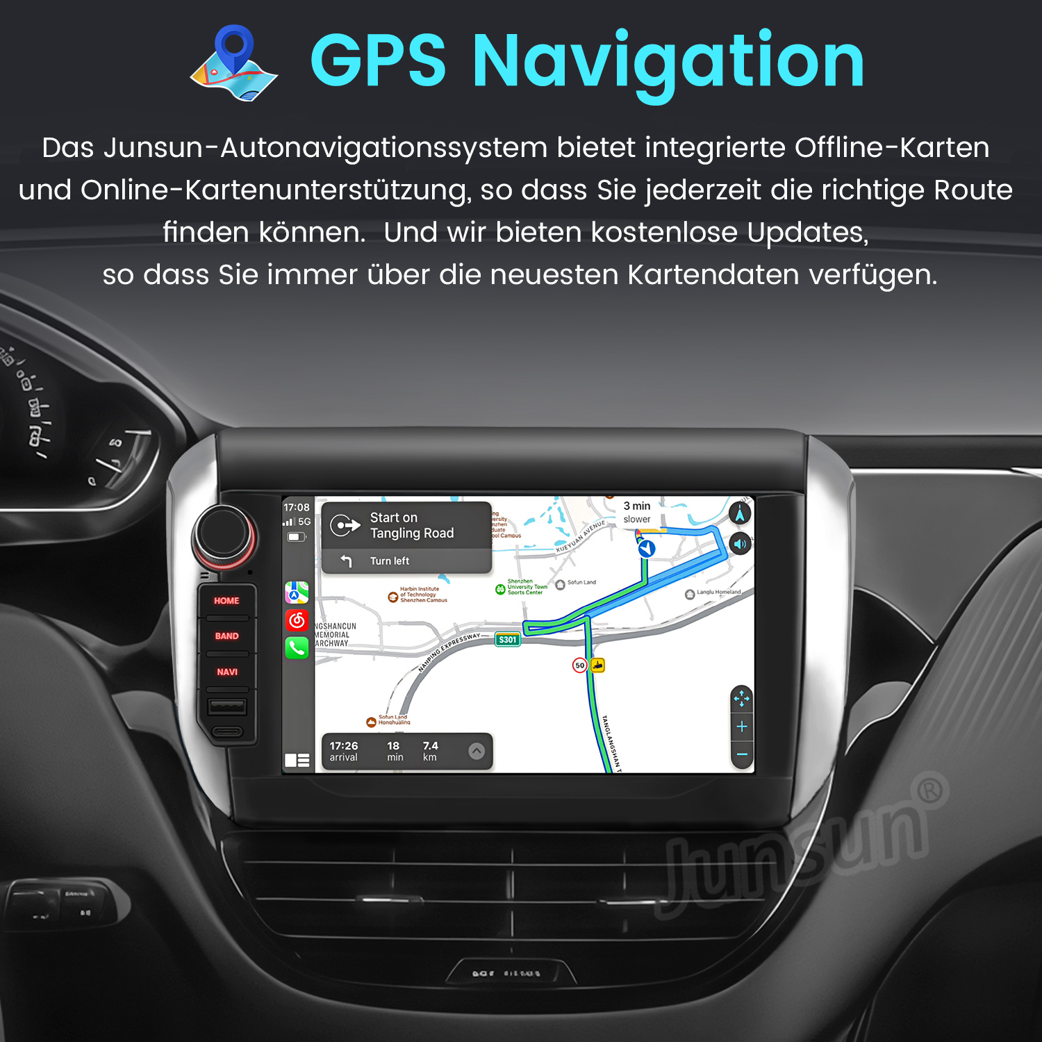 Auto-Navigationsbildschirm mit Routenkarte und Wegbeschreibungen. Der Bildschirm zeigt Karte, Uhrzeit und andere Fahrinformationen.