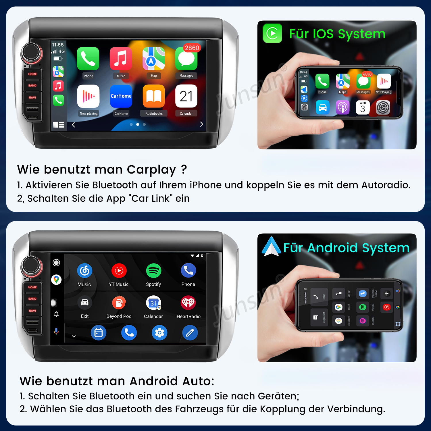 Auto-Infotainment-Bildschirm zeigt iOS- und Android-Oberflächen. Anleitungen für Carplay und Android Auto werden bereitgestellt.