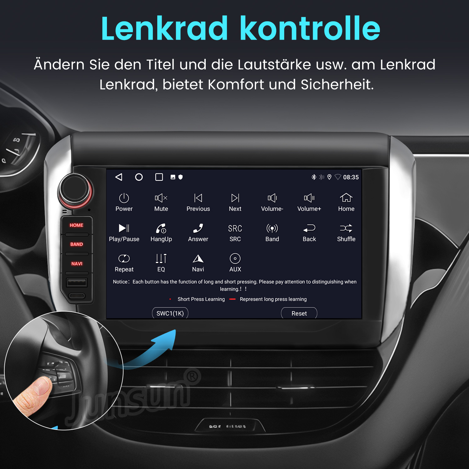 Auto-Armaturenbrett mit Touchscreen-Steuerung. Navigation, Radio- und Lautstärkeregler. Das Lenkrad hat Bedienelemente.