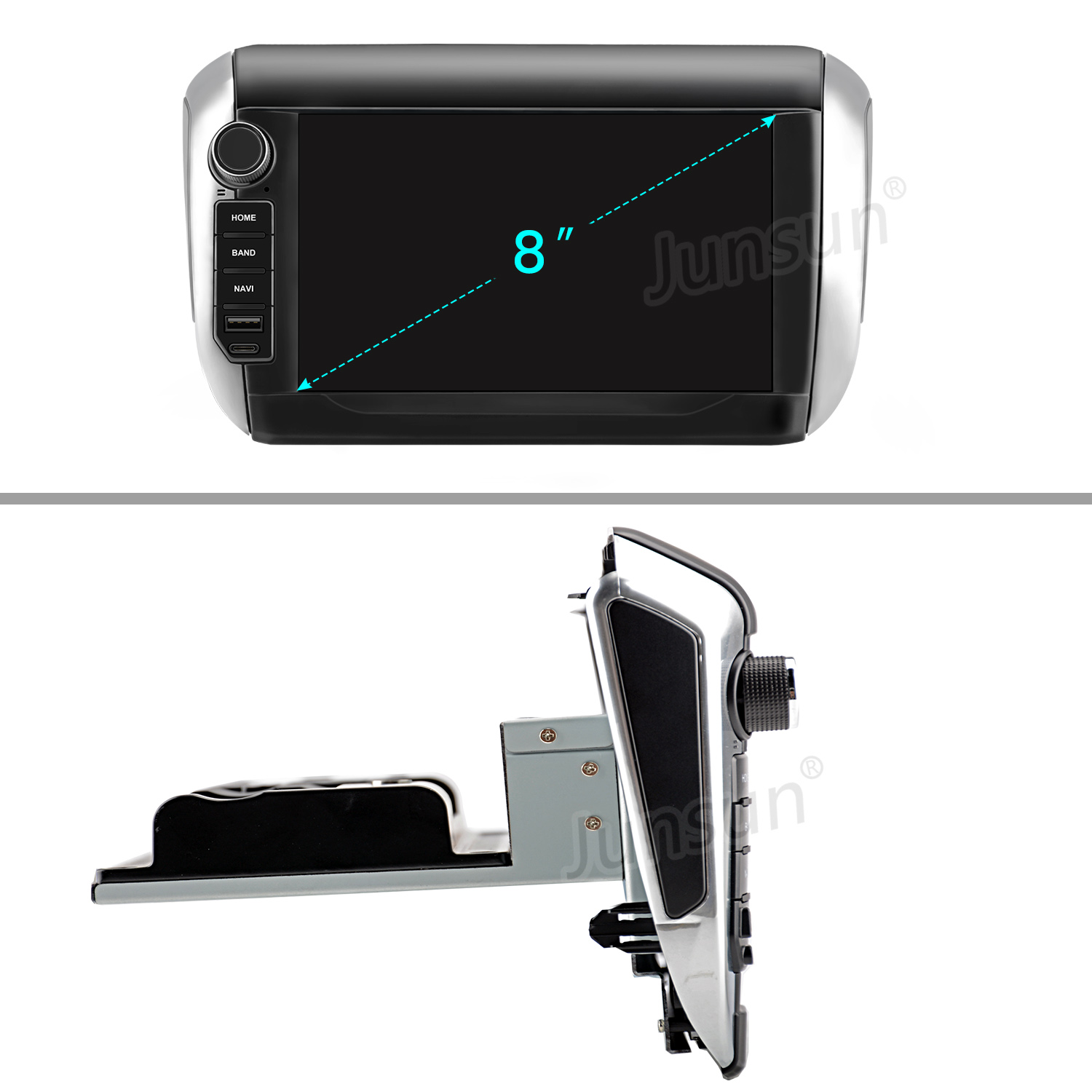 Radio samochodowe z 8-calowym ekranem, srebrno-czarne. Posiada przyciski home, band i navi. Marka to Junsun.