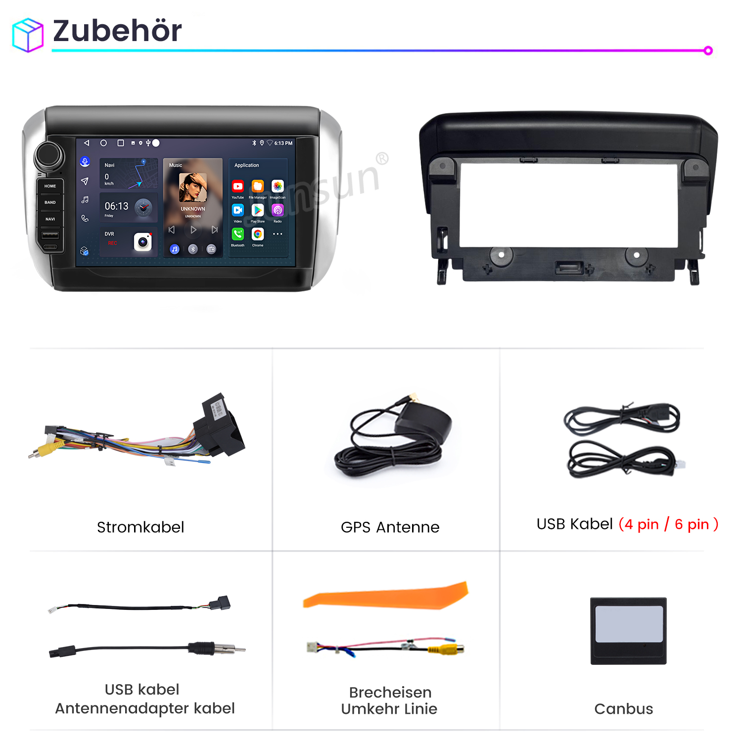 Das Bild zeigt Autoradiokomponenten: Haupteinheit, Netzkabel, GPS-Antenne, USB-Kabel, Canbus und weiteres Zubehör.