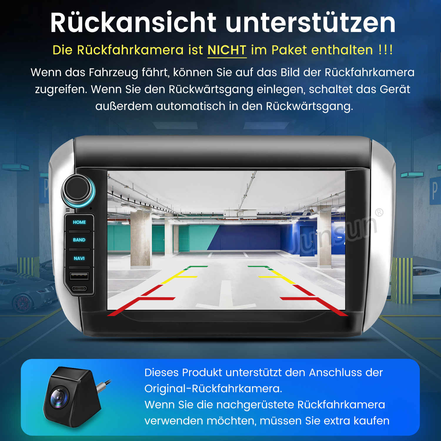 Ein Display zeigt eine Parkhausansicht. Eine schwarze Kamera in der Ecke, mit Text zur Rückfahrkamera-Funktion.