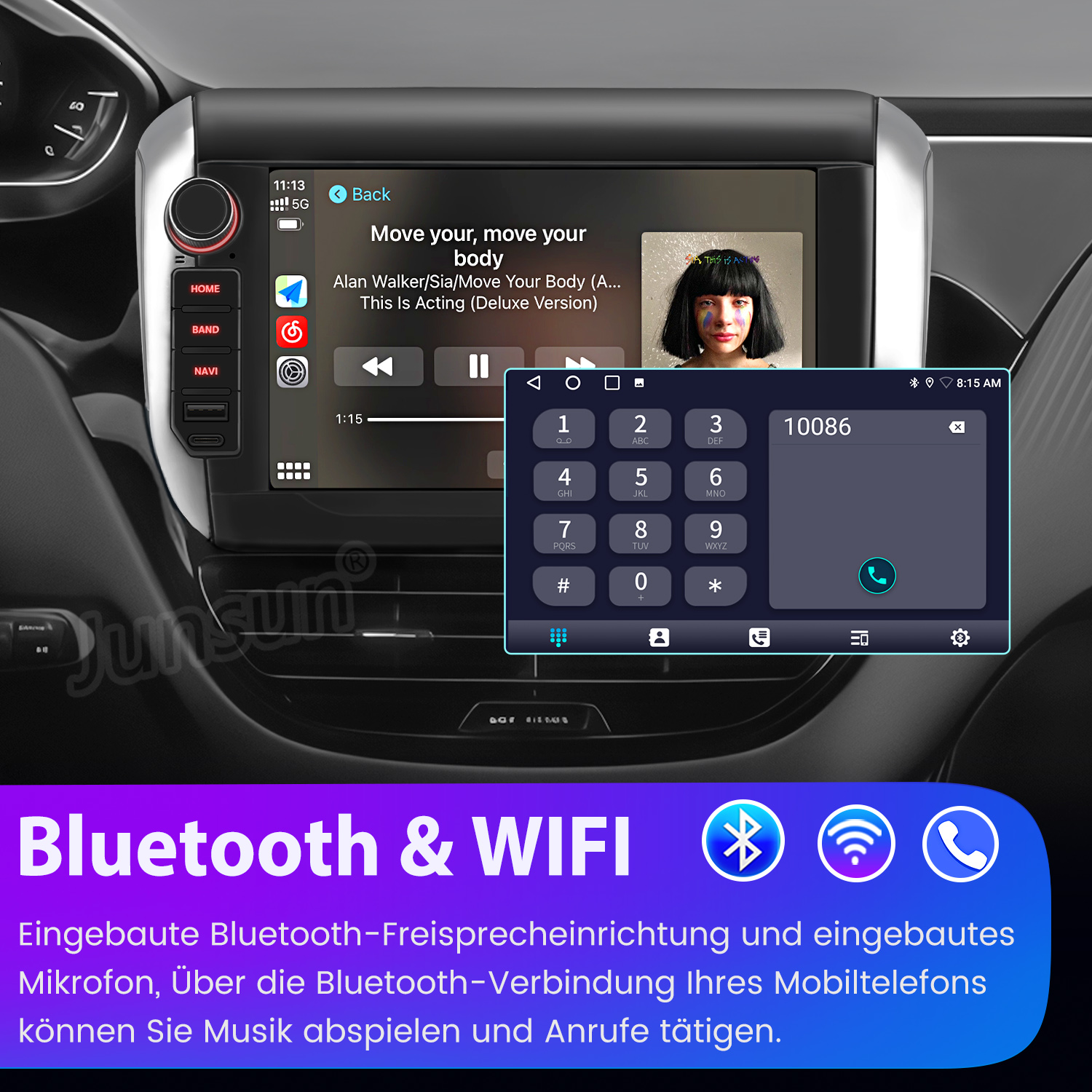 Autoinstrumententafel mit Musik-Player und Telefonwähler. Der Bildschirm zeigt Song-Infos und eine Tastatur für Anrufe.