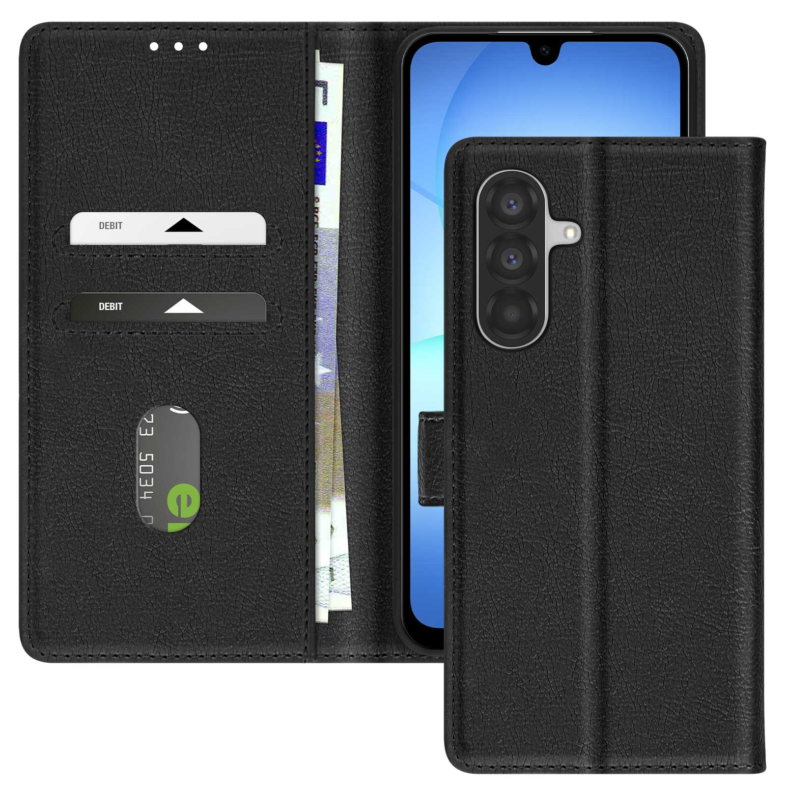 Custodia per telefono in pelle nera con telefono all'interno. Ha fessure per carte e tasca per soldi. La custodia è aperta.
