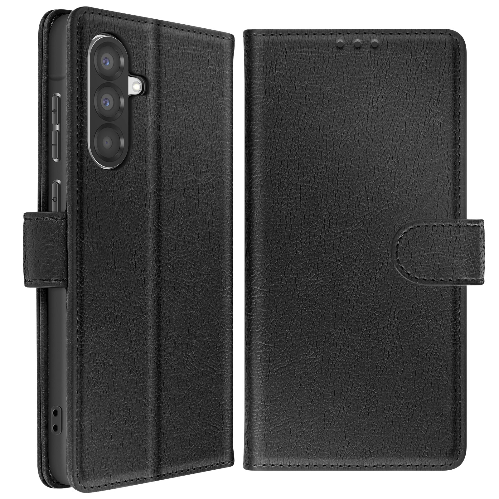 Custodia per telefono in pelle nera aperta. Telefono visibile a sinistra. La custodia ha una chiusura magnetica. Superficie strutturata.