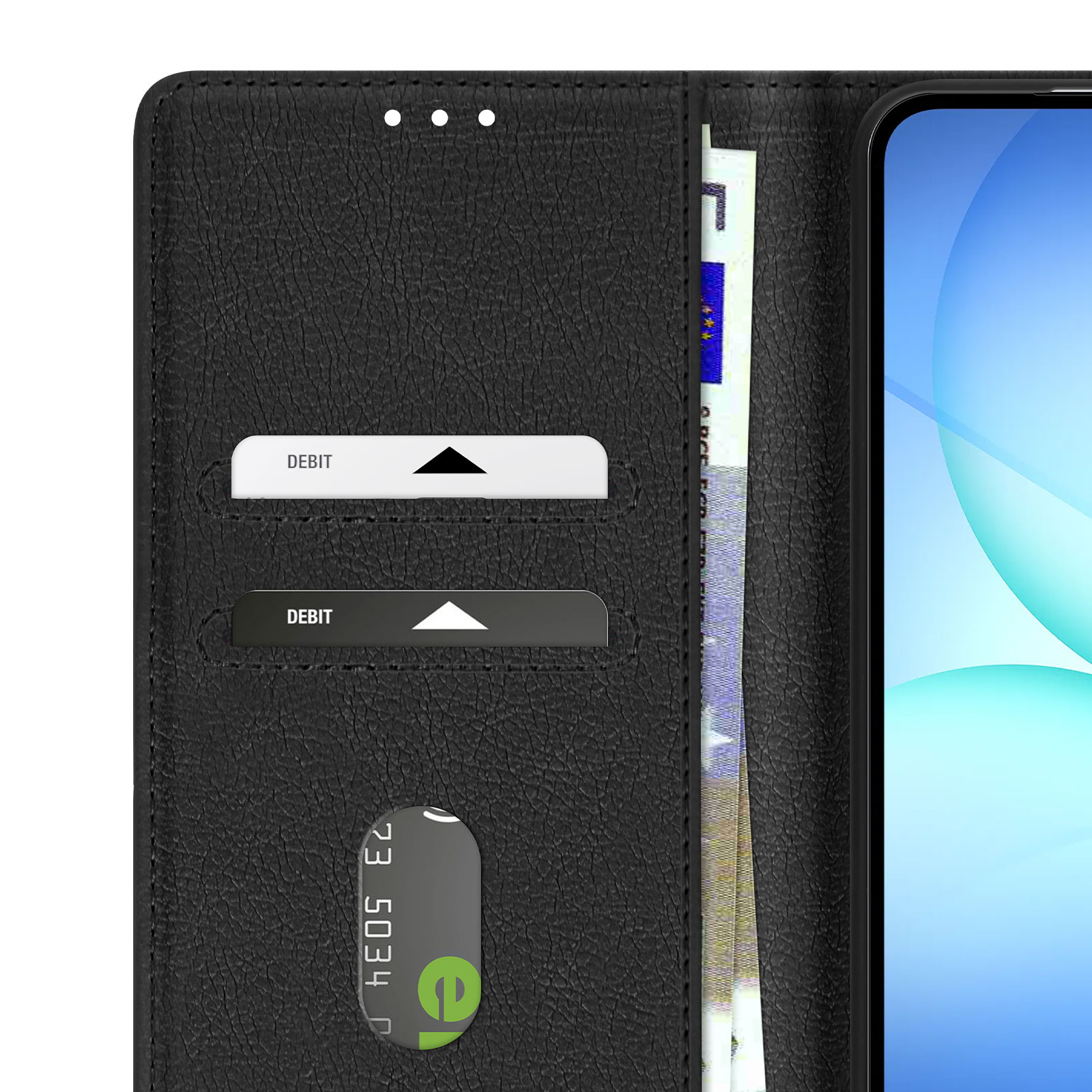 Portafoglio in pelle nera con carte di debito e di credito. Banconote in euro visibili. Uno smartphone a destra.