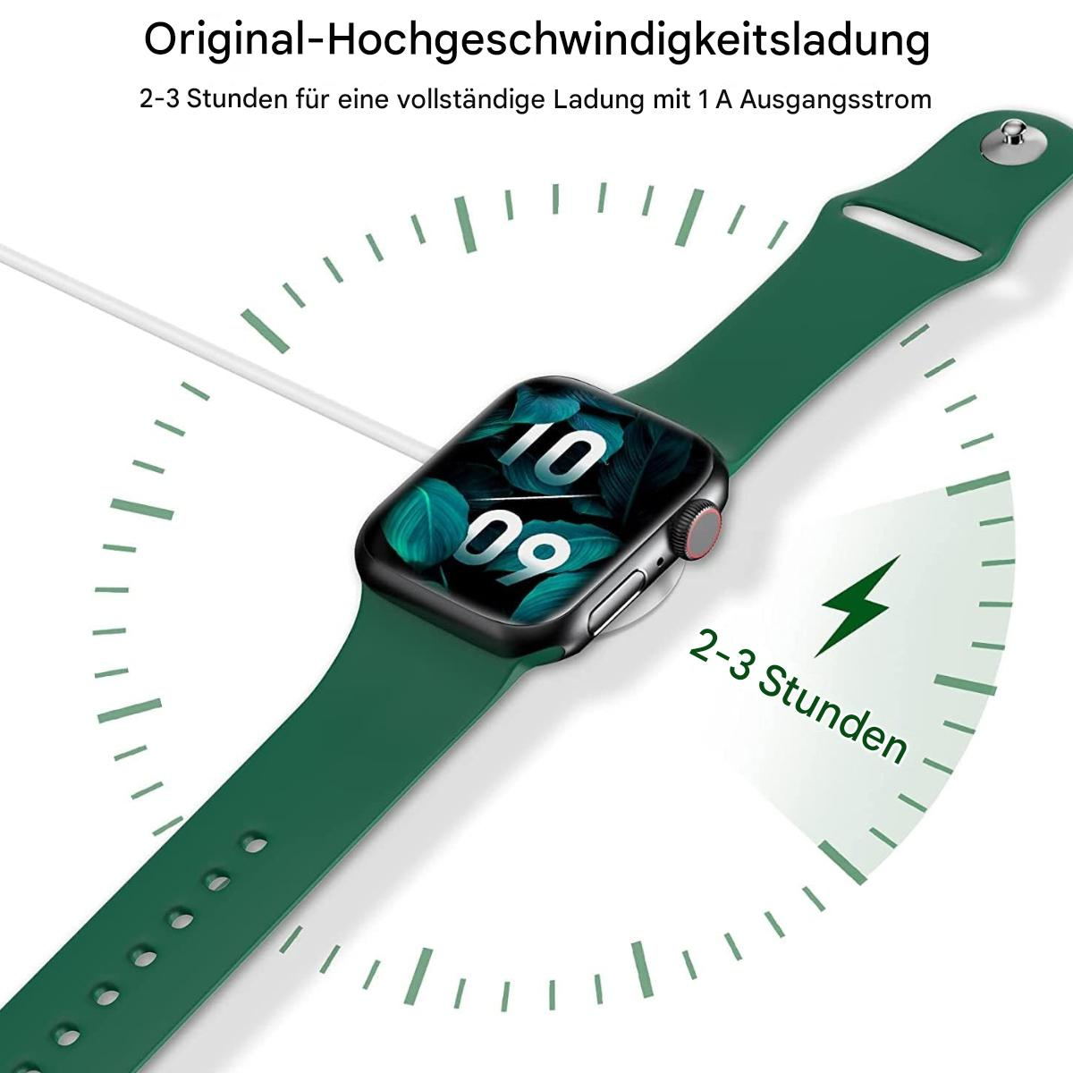 Grüne Apple Watch wird geladen. Display zeigt Zeit. Ladesymbol mit '2-3 Stunden'. Weißes Ladekabel. Grünes Armband.