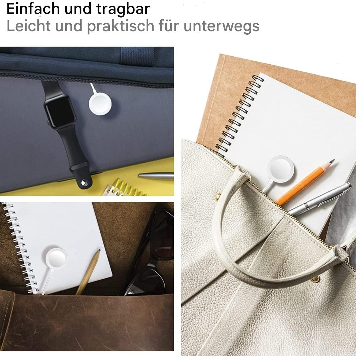 Das Bild zeigt eine Uhr, ein Ladegerät, ein Notizbuch, einen Bleistift und Stifte in verschiedenen Taschen. Die Szene deutet auf Tragbarkeit und Komfort hin.