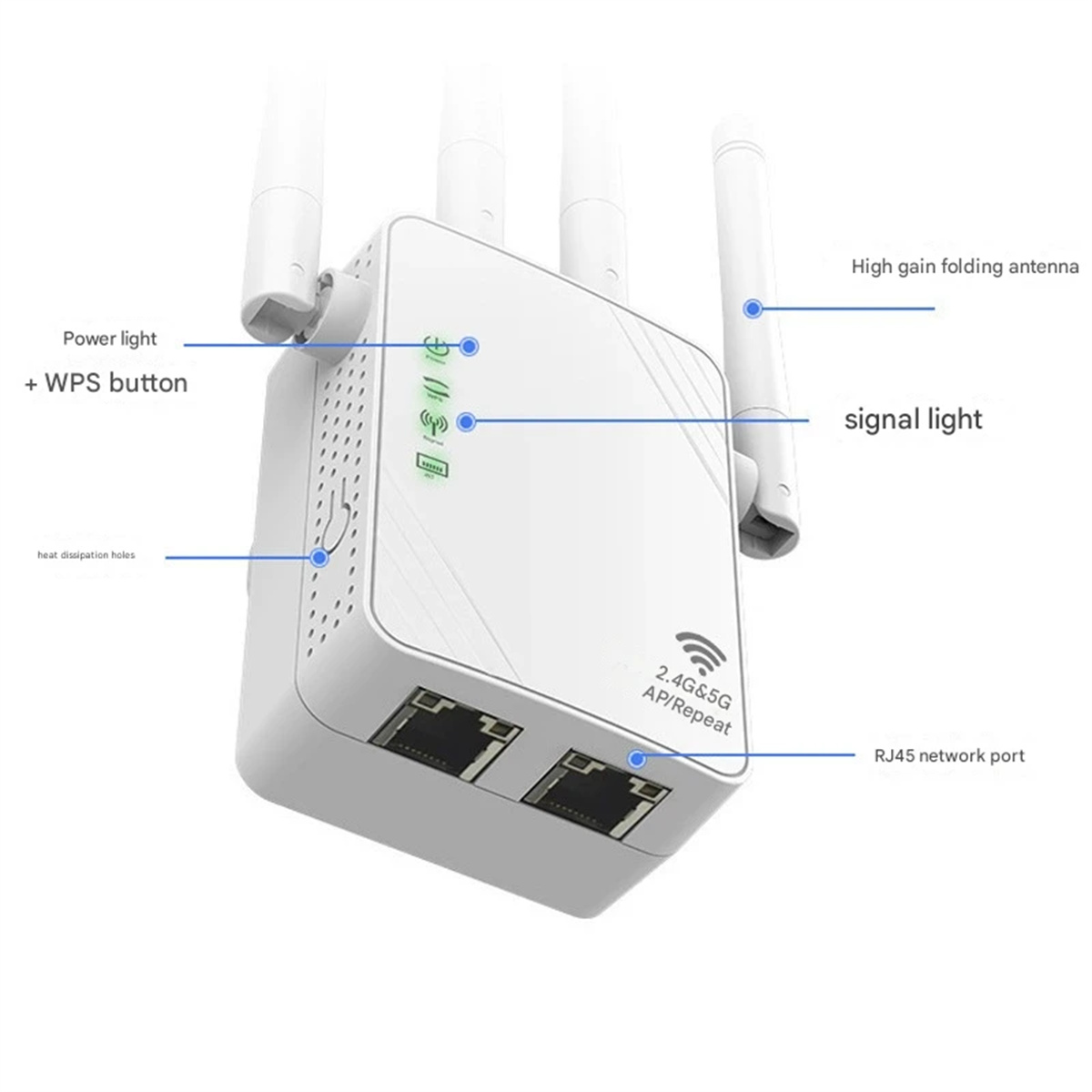Ein weißer WLAN-Repeater mit Antennen, RJ45-Anschlüssen und Kontrollleuchten. Zu den Merkmalen gehören eine WPS-Taste und Wärmeableitungslöcher.