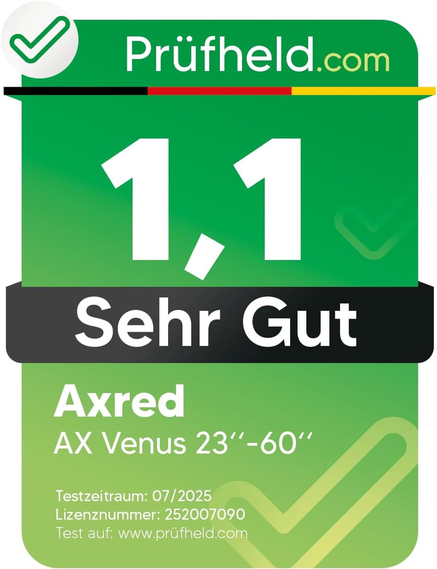 Eine grüne und weiße Prüfheld.com-Zertifizierung. Sie zeigt die Bewertung 1,1, den Text Sehr Gut, Axred AX Venus 23"-60".