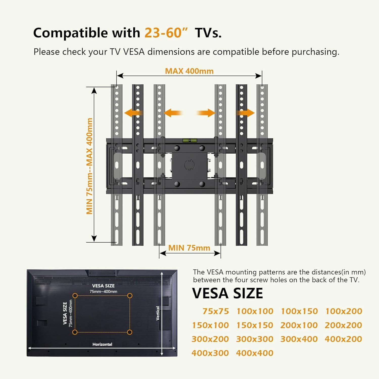 Diagramm zeigt die Kompatibilität der TV-Halterung. Abmessungen und VESA-Größen werden angezeigt. Text enthält 'VESA SIZE' und 'Kompatibel mit 23-60" TVs'.