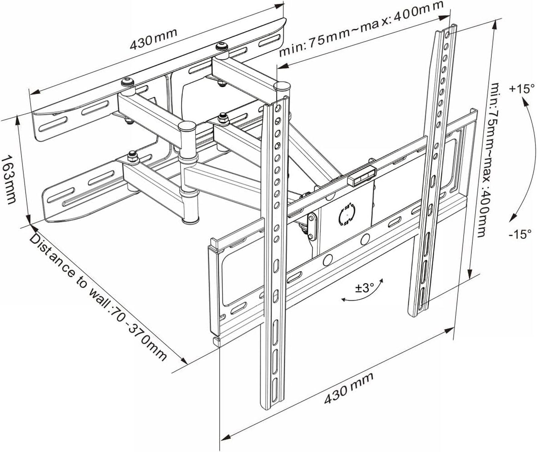 Diagramm einer TV-Wandhalterung mit Maßen in mm. Zeigt verstellbare Arme, Wandabstand und Neigungswinkel.